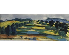 Peinture à l'aquarelle des champs jaunes en patchwork sur papier de Rosie Phipps, 2022
