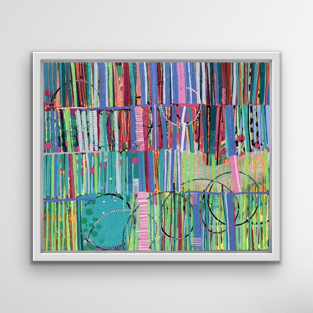 Layers of stripes inspired by bookshelves. The colours and patterns repeat throughout the composition.
Rosie Shorrock, painter, is available for sale online and in our art gallery at Wychwood Art. Rosie’s work is influenced by the sights, sounds and