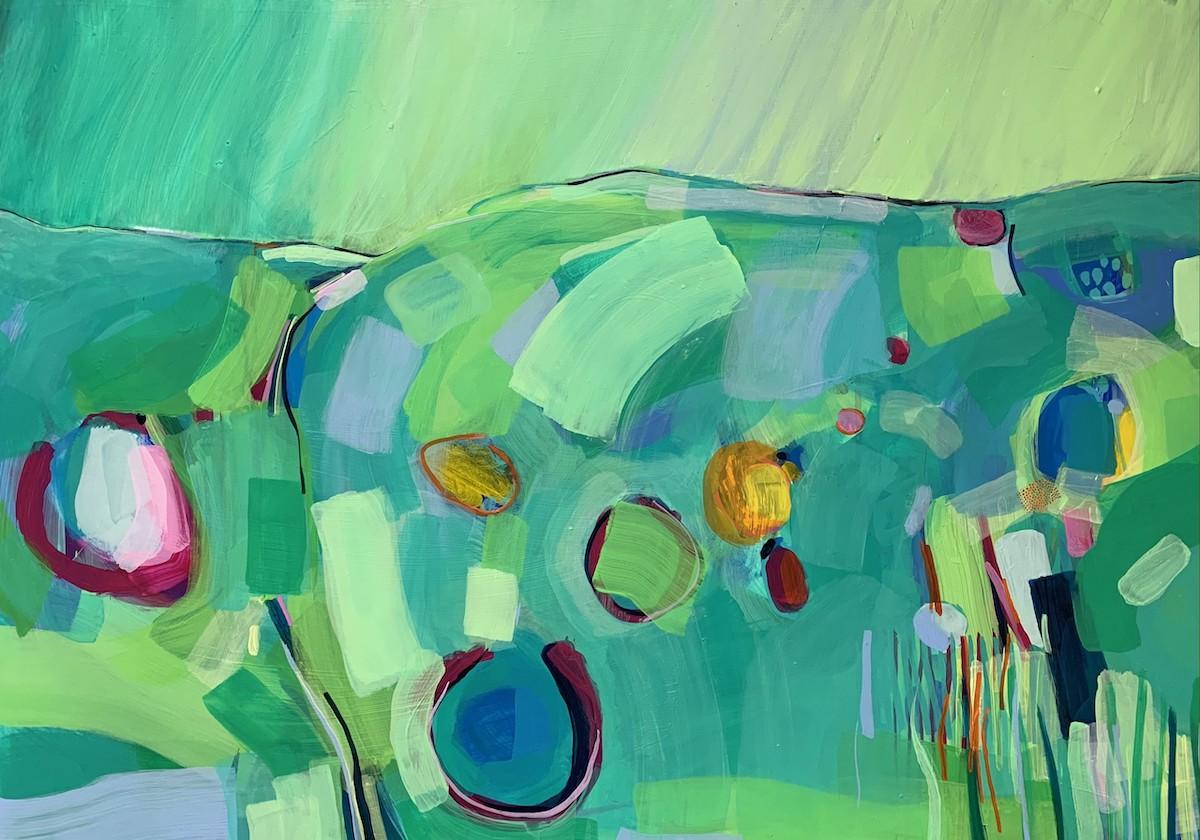Summer Evening and Wiltshire Walks - Gray Abstract Painting by Rosie Shorrock