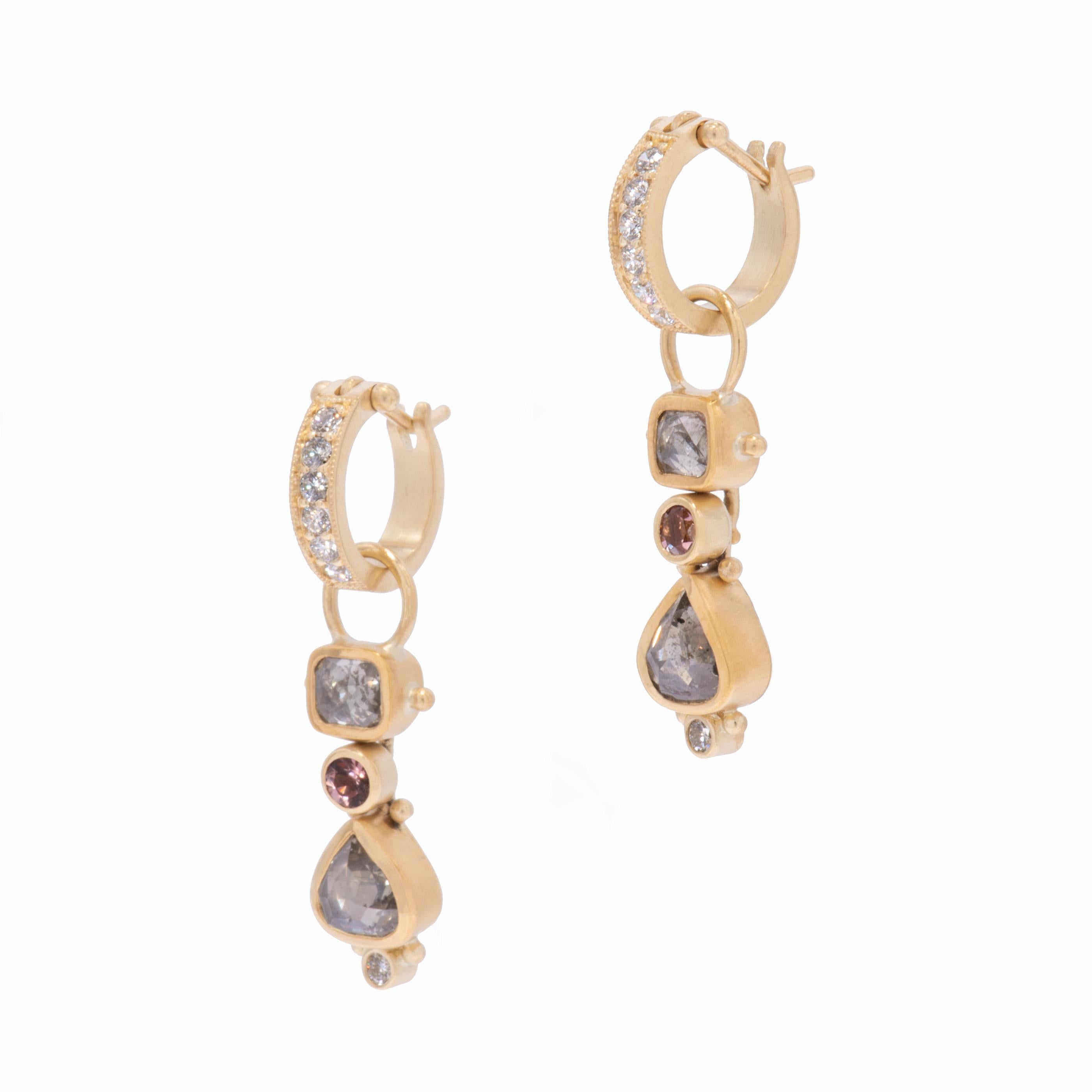 Rosie's Grey Diamond Drop Earrings hold 3.44cts of softly glowing grey diamonds bezel set in 22 karat and 18 karat gold. Gold beads frame the diamond centers and sparkling, dusty, pink tourmalines .22 tcw are the perfect enhancement to draw