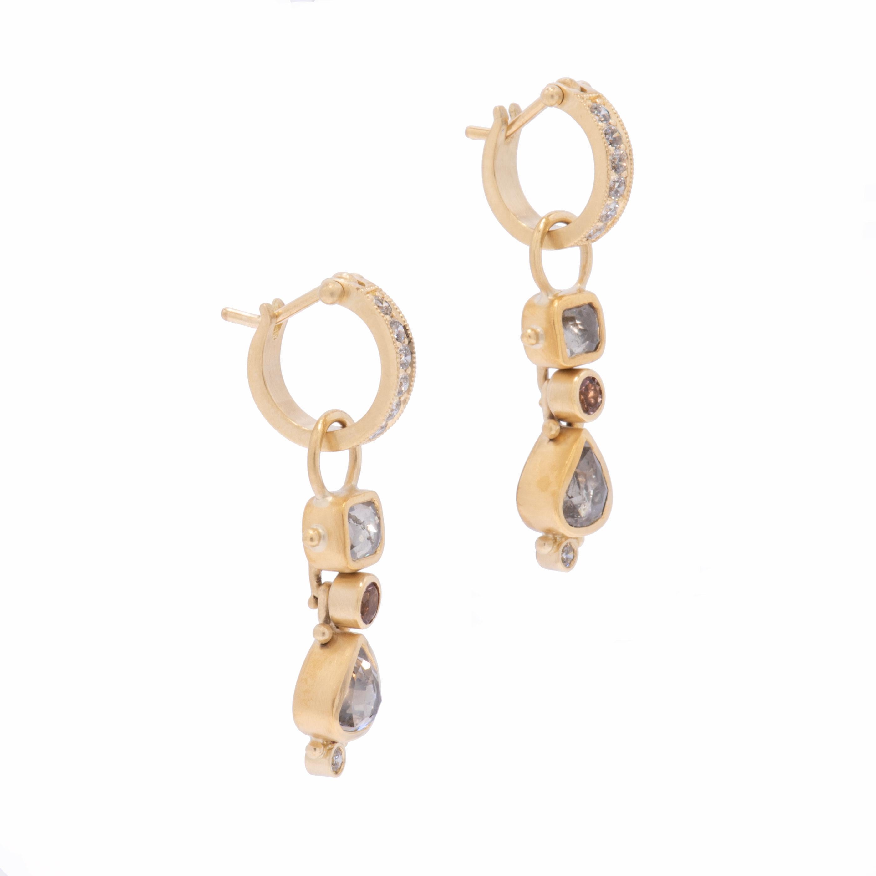 Contemporary Rosie's Grey Diamond Drop Earrings in 22 Karat and 18 Karat Gold with Tourmaline For Sale