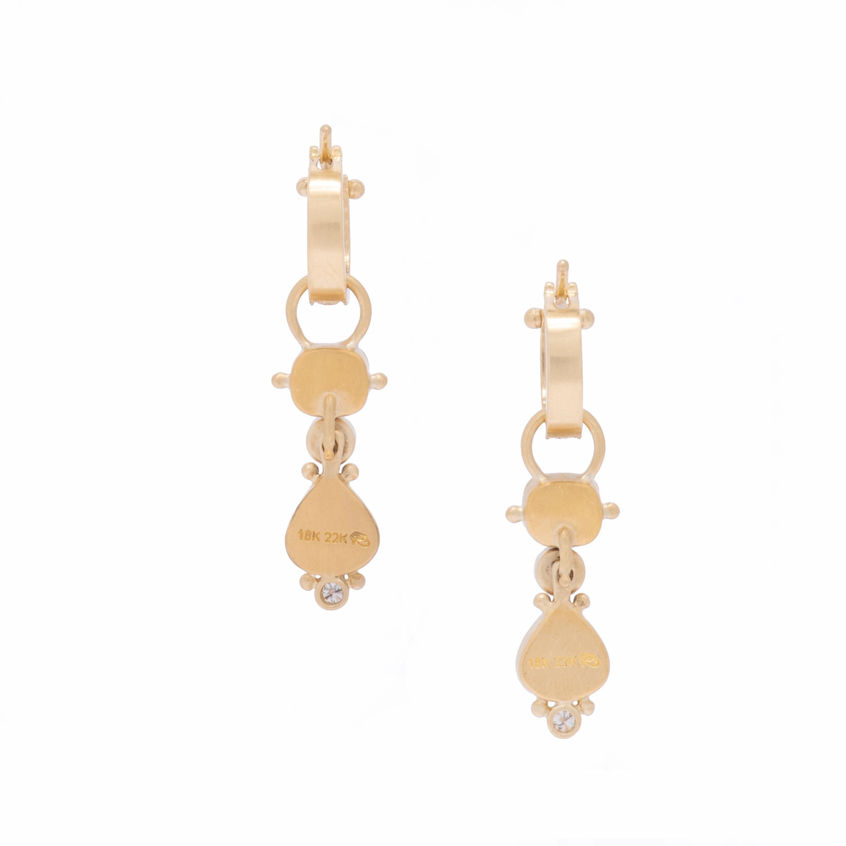 Women's or Men's Rosie's Grey Diamond Drop Earrings in 22 Karat and 18 Karat Gold with Tourmaline For Sale