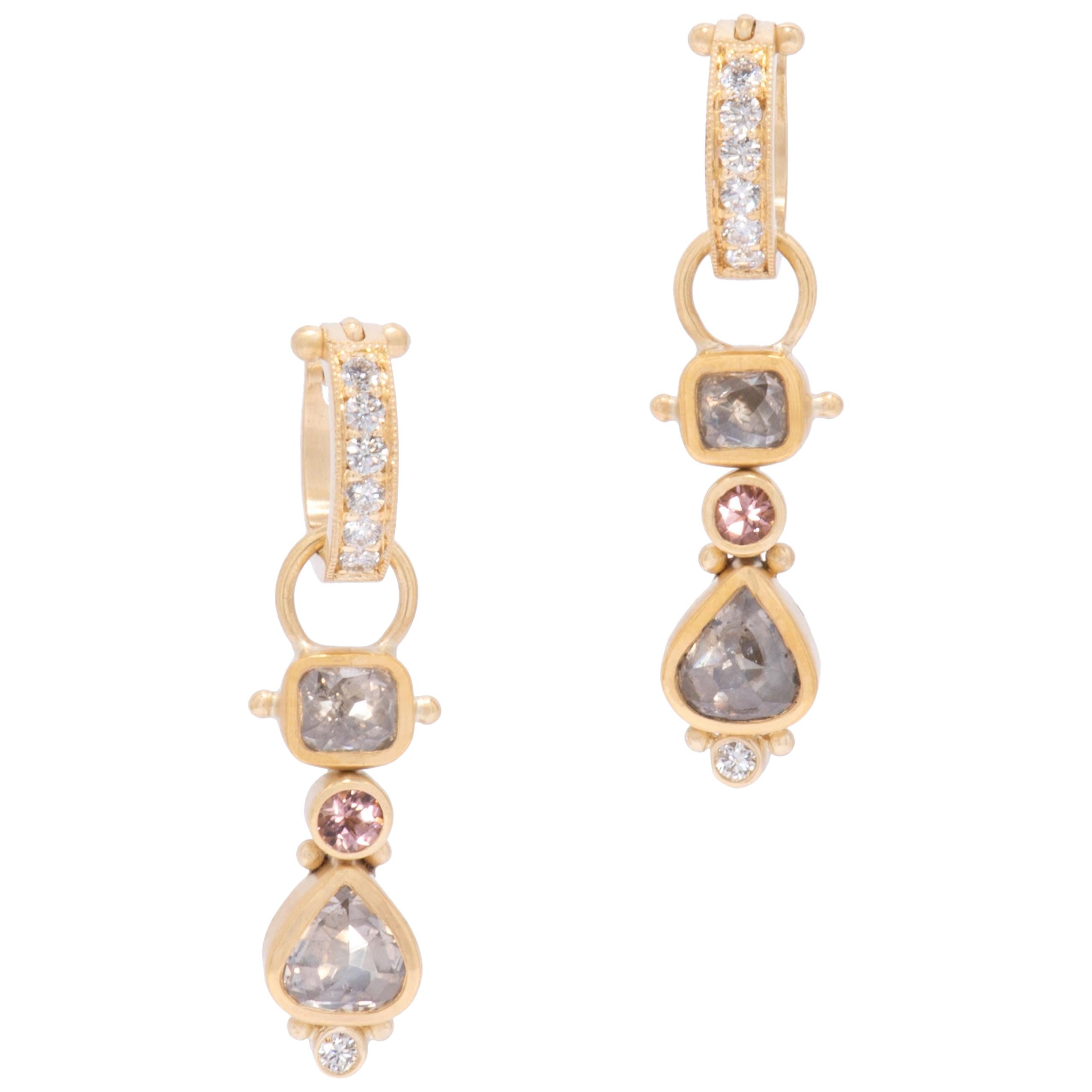 Rosie's Grey Diamond Drop Earrings in 22 Karat and 18 Karat Gold with Tourmaline For Sale