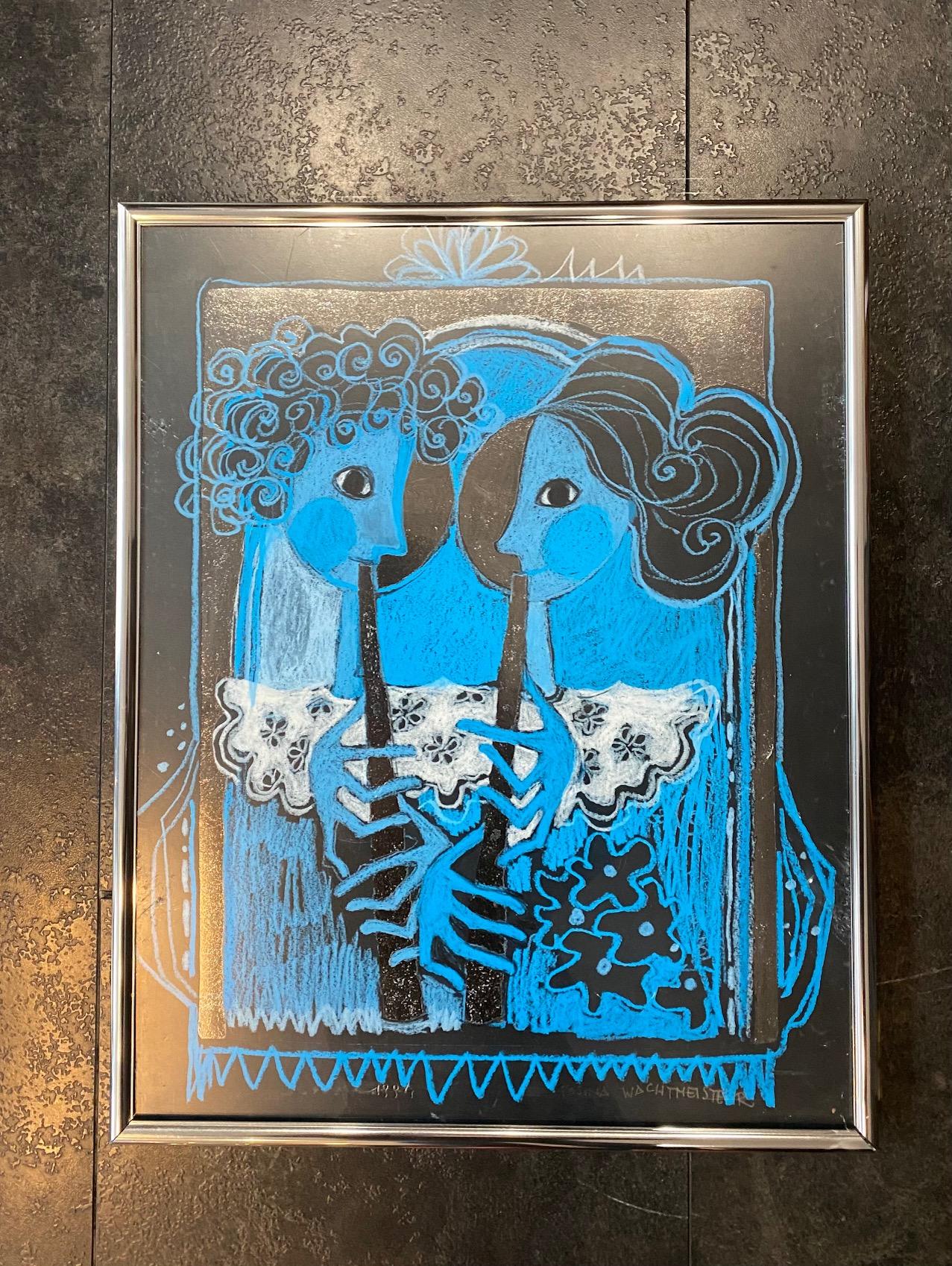 Two ladies with flutes by Rosine Wachtmeister - Mixed media 39x49 cm For Sale 1