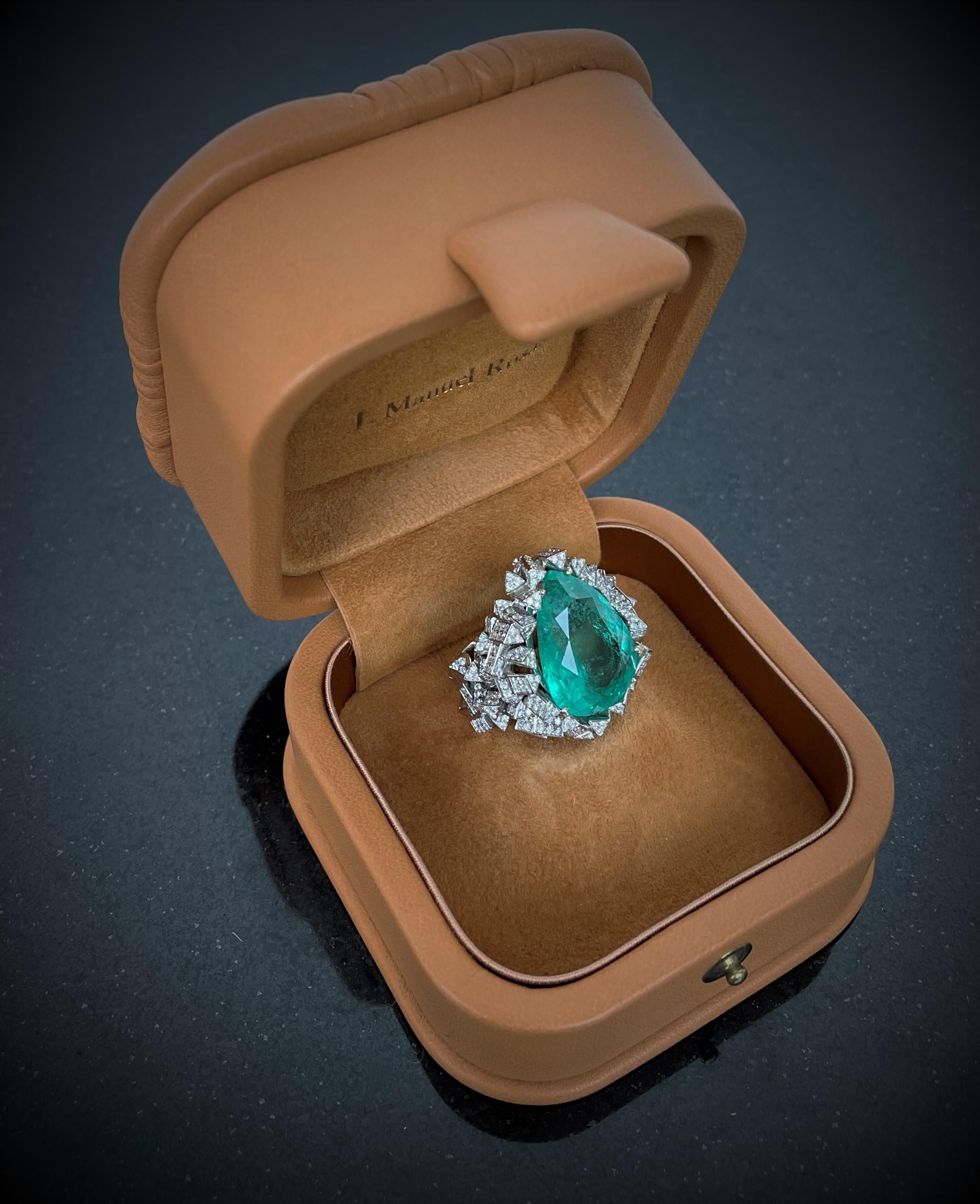 Pear Cut Rosior one-off 11 Carat Colombian Emerald and Diamond Contemporary Cocktail Ring