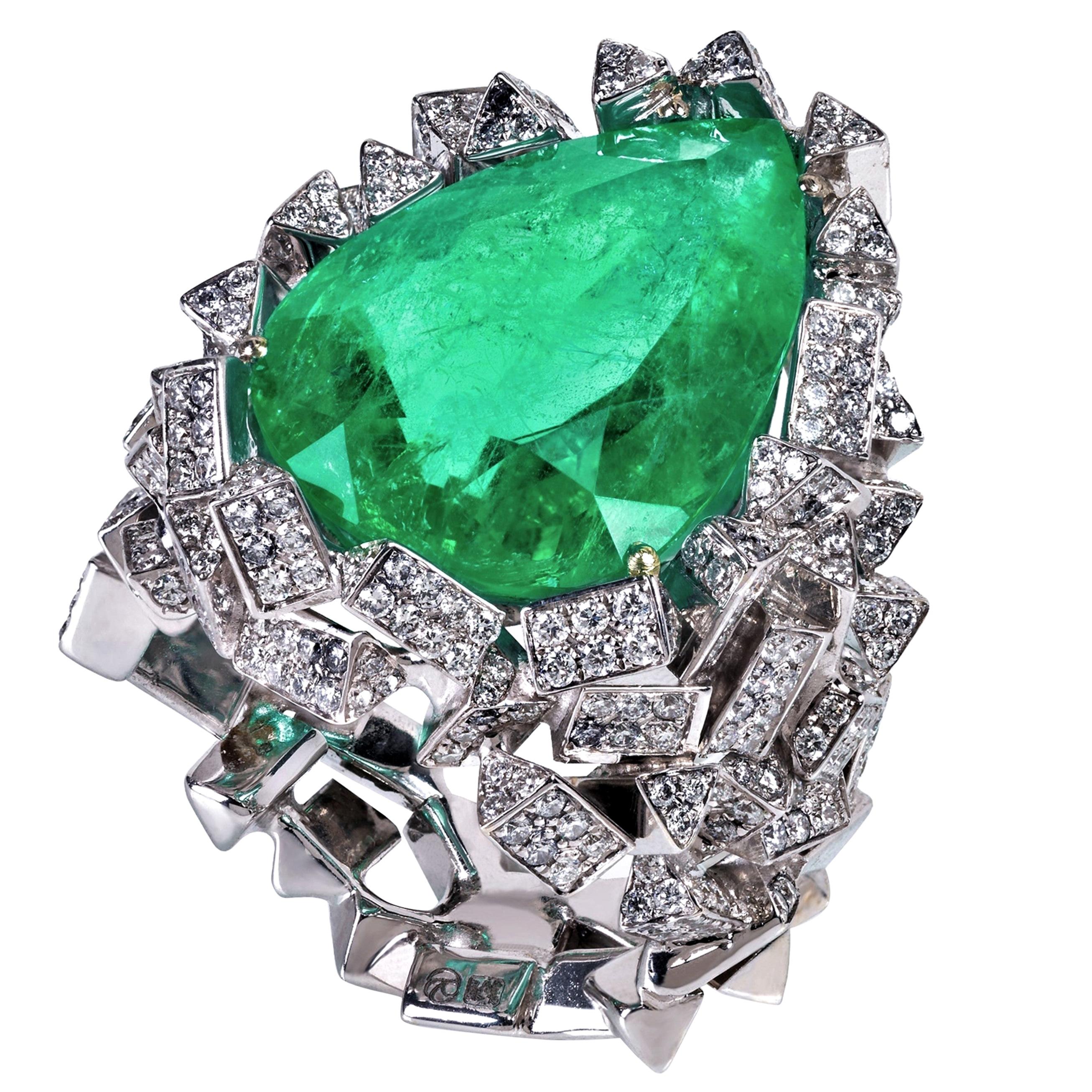 Rosior one-off 11 Carat Colombian Emerald and Diamond Contemporary Cocktail Ring