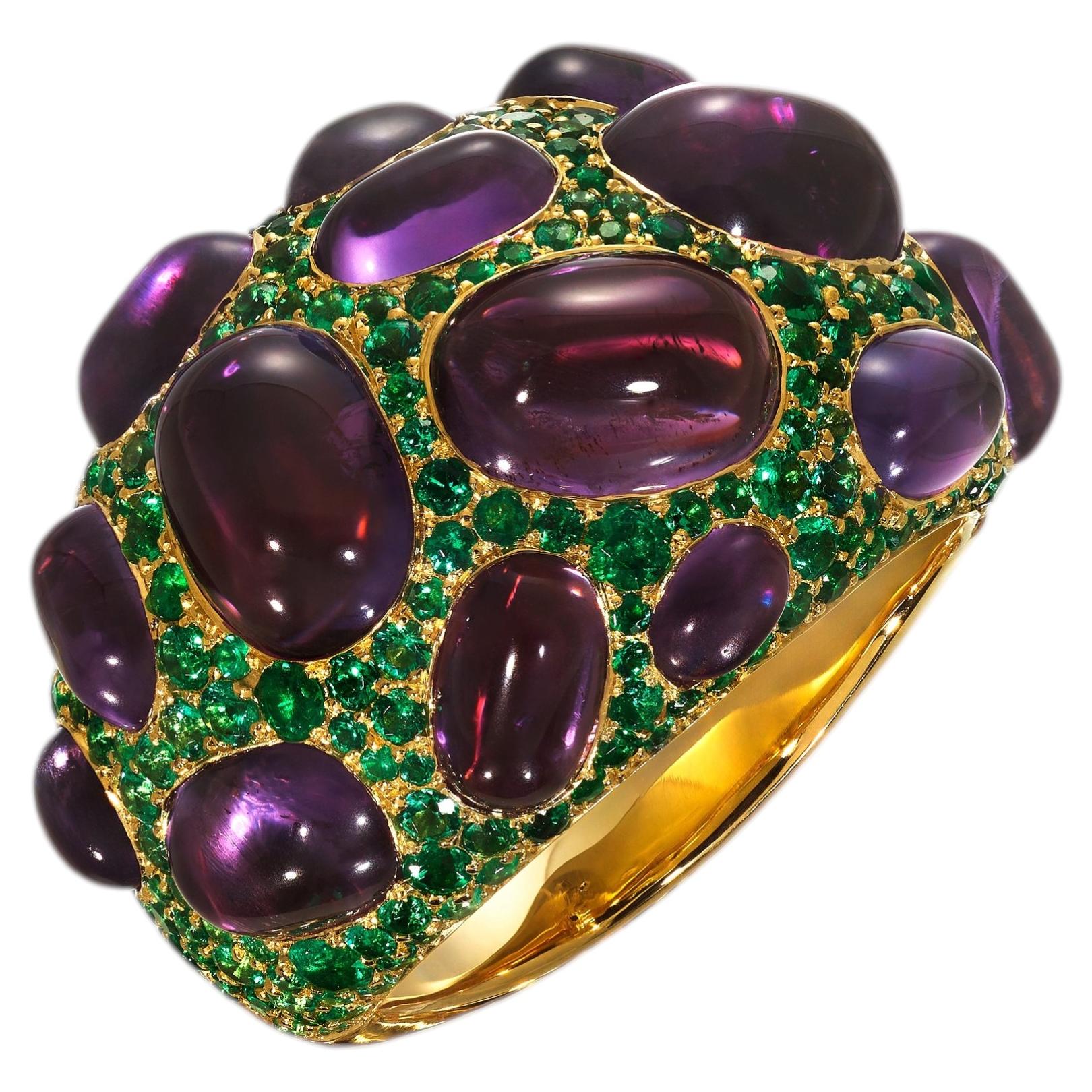 Rosior Anillo de cóctel de amatista y esmeralda engastado en oro amarillo en venta