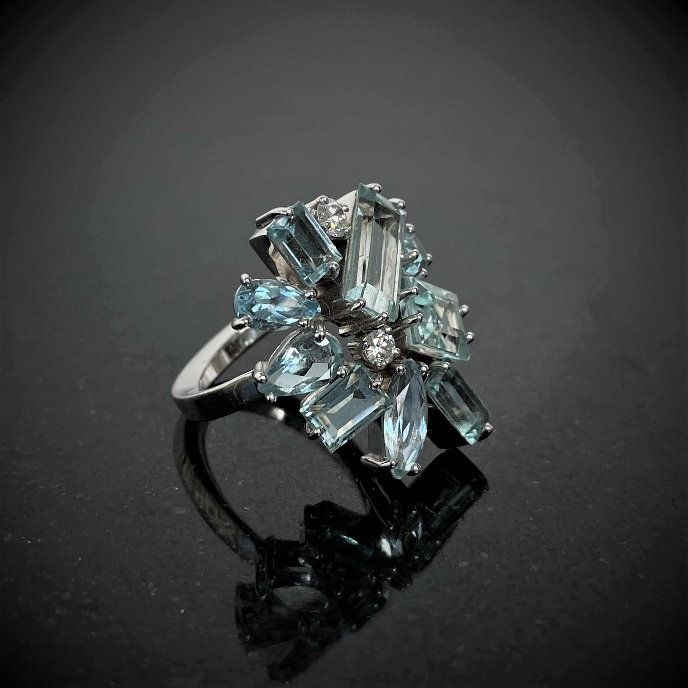 Baguette Cut Rosior Aquamarine and Diamond Cocktail Ring set in White Gold