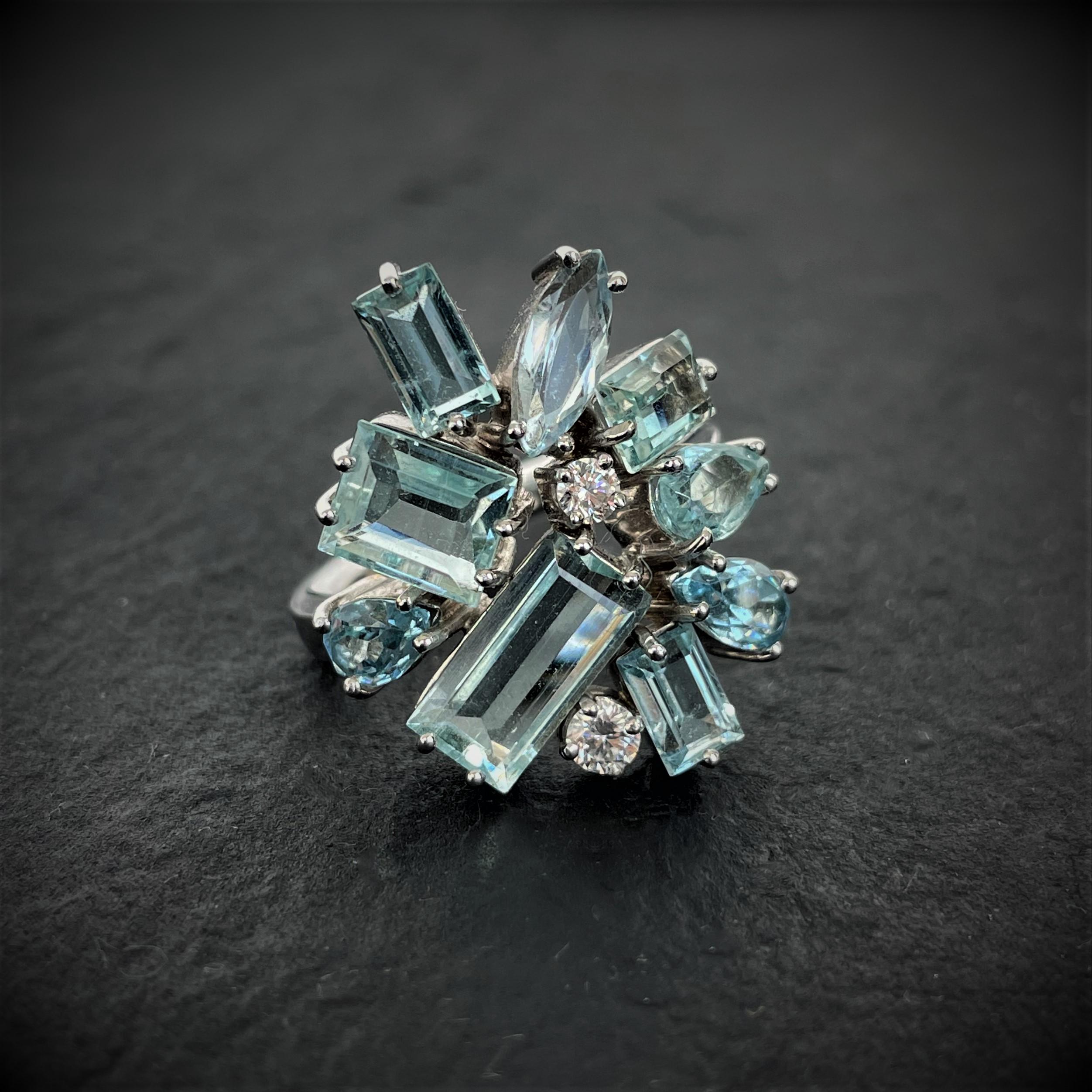 Women's or Men's Rosior Aquamarine and Diamond Cocktail Ring set in White Gold