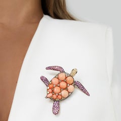 Rosior Pink Coral "Turtle" Brooch in Yellow Gold, Diamonds, Sapphires and Pearls