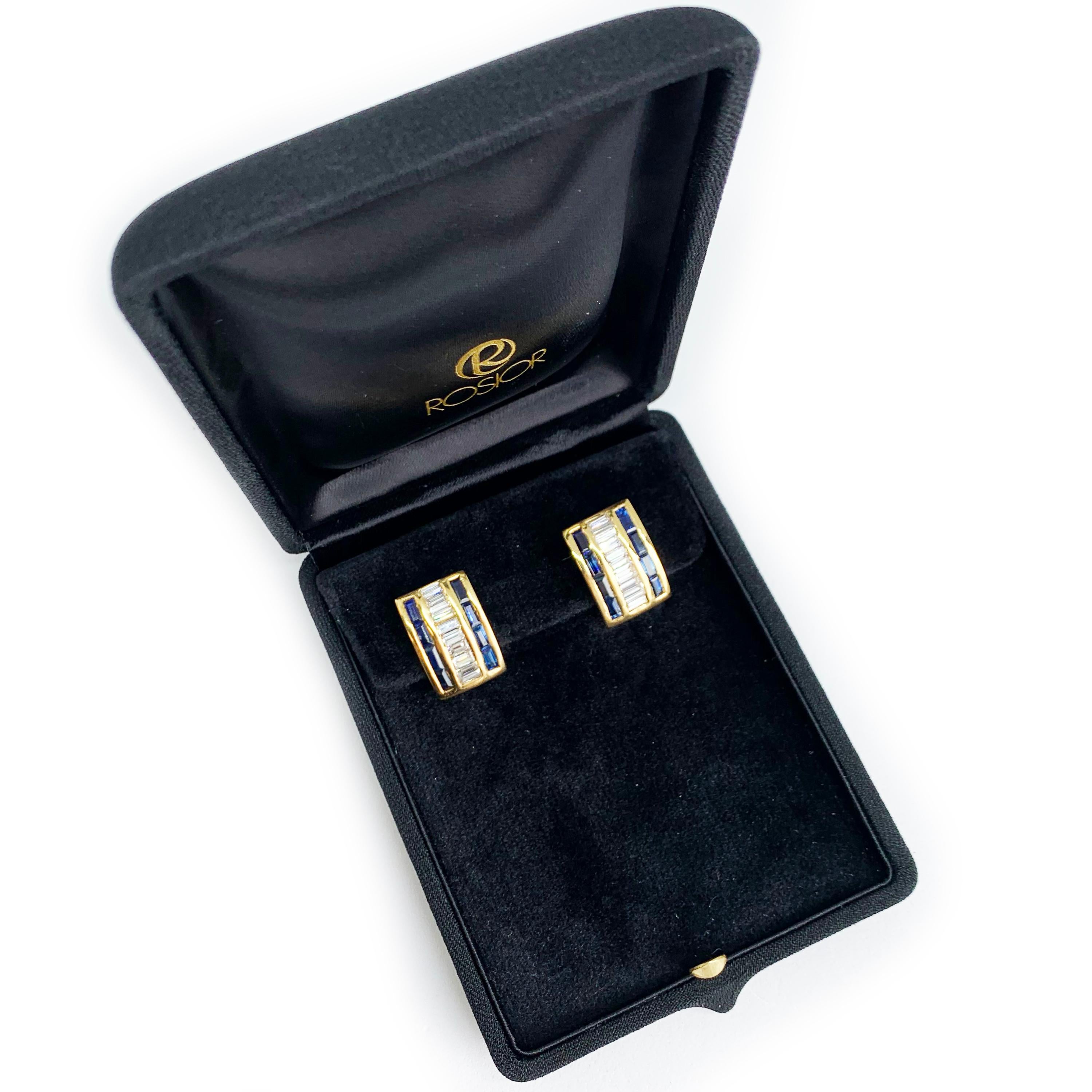 Contemporary Baguette Cut Diamond and Sapphire Drop Earrings in Yellow Gold  For Sale