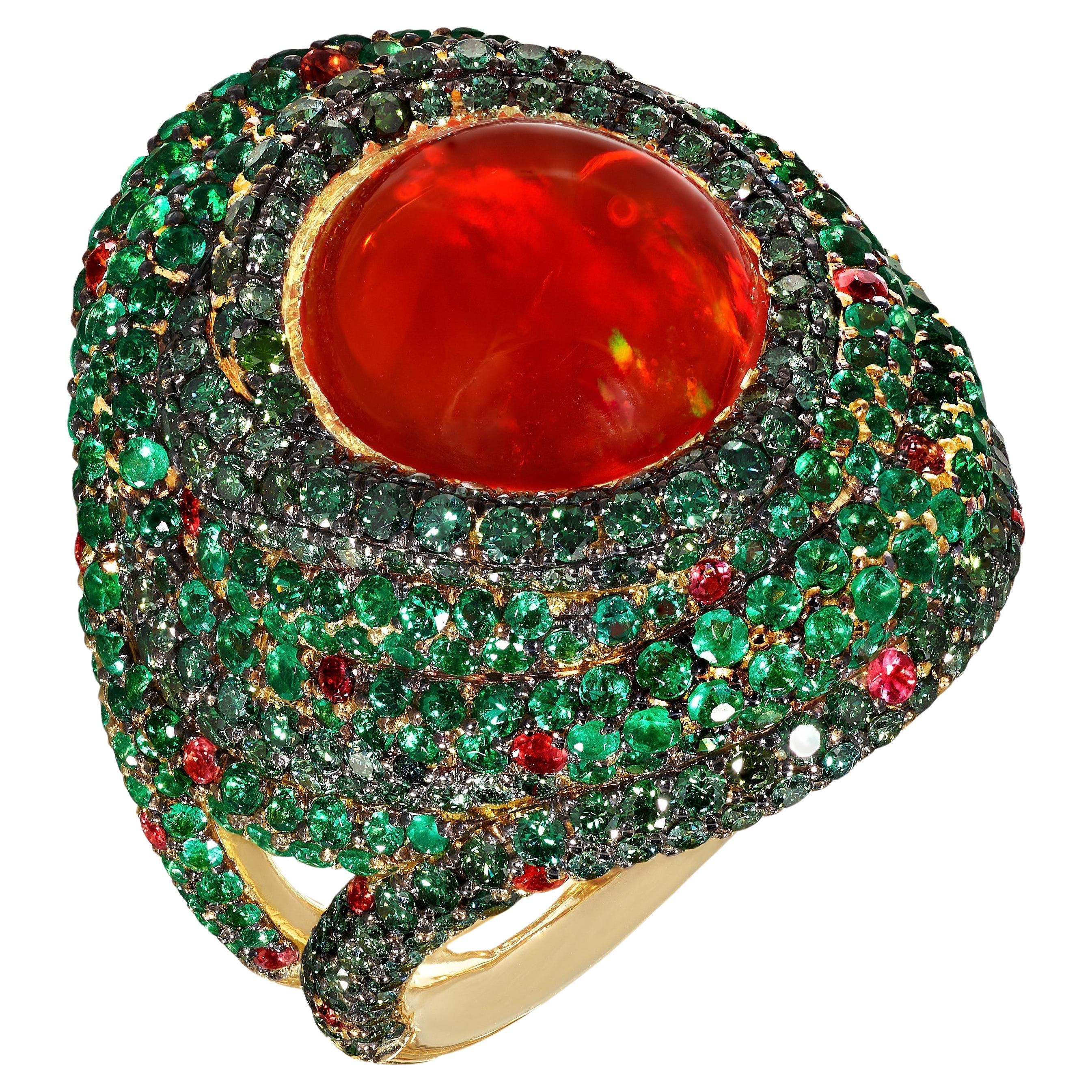 Certified Fire Opal, Diamond, Emerald and Sapphire Yellow Gold Ring For Sale