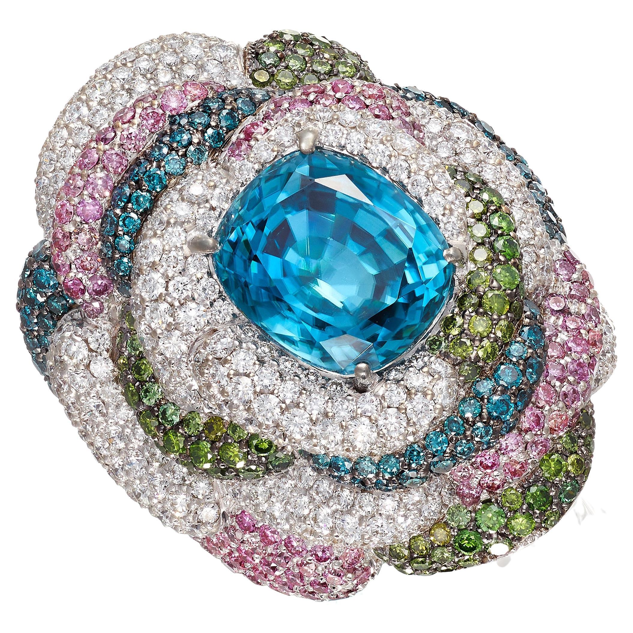 Contemporary Blue Zircon and Diamond Cocktail Ring Set in White Gold For Sale