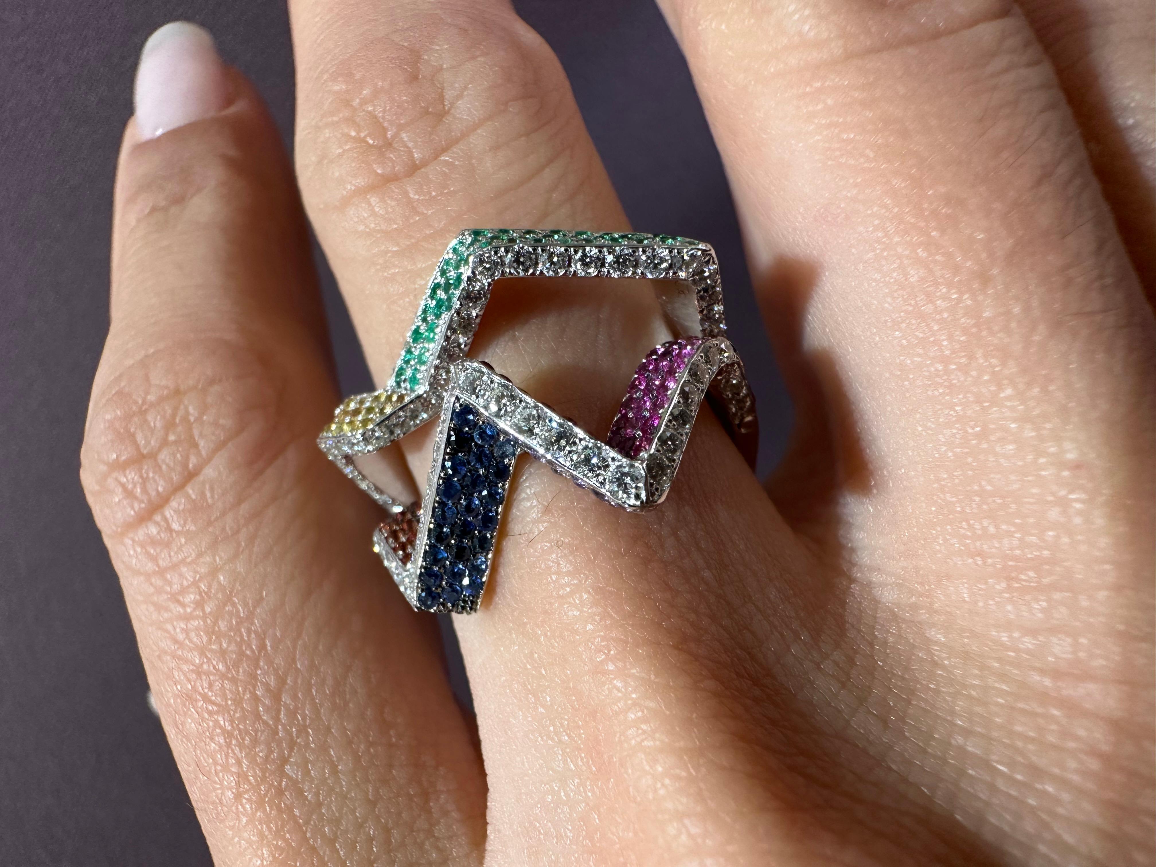Women's or Men's Rosior Contemporary Diamond, Sapphire and Emerald White Gold Cocktail Ring 