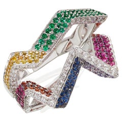 Rosior Contemporary Diamond, Sapphire and Emerald White Gold Cocktail Ring 
