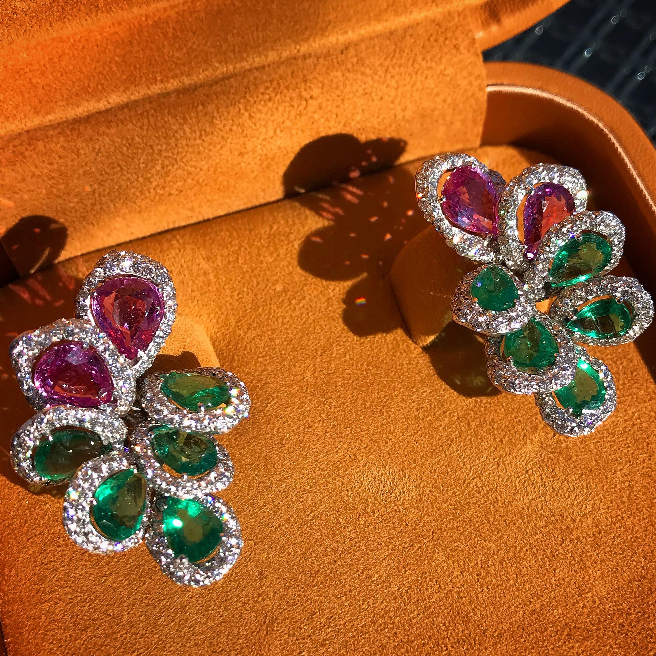 Pear Cut Rosior Contemporary Emerald, Pink Sapphire and Diamond White Gold Drop Earrings