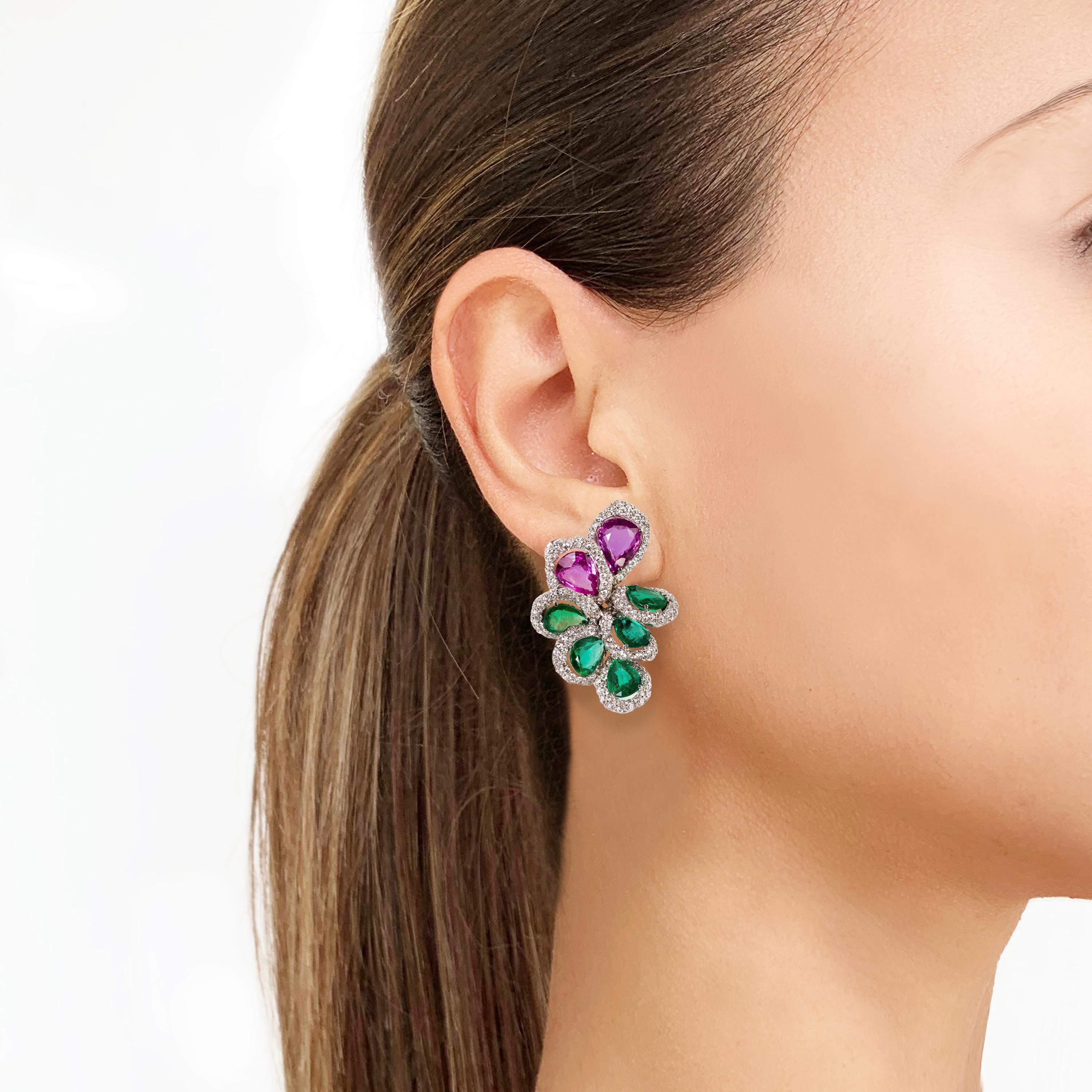 Rosior Contemporary Emerald, Pink Sapphire and Diamond White Gold Drop Earrings In New Condition In Porto, PT