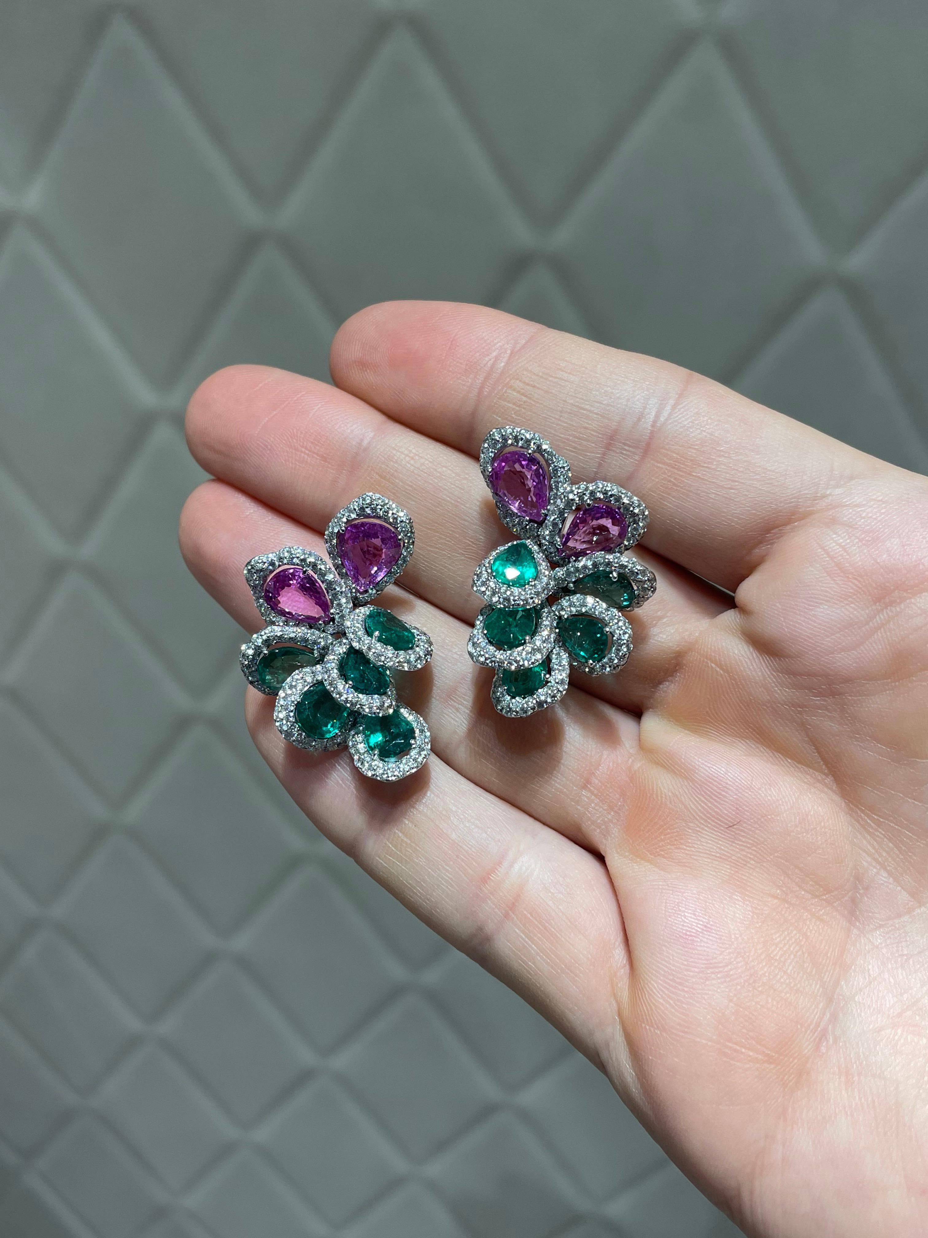 Rosior Contemporary Emerald, Pink Sapphire and Diamond White Gold Drop Earrings 1