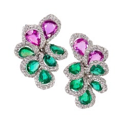Rosior Contemporary Emerald, Pink Sapphire and Diamond White Gold Drop Earrings