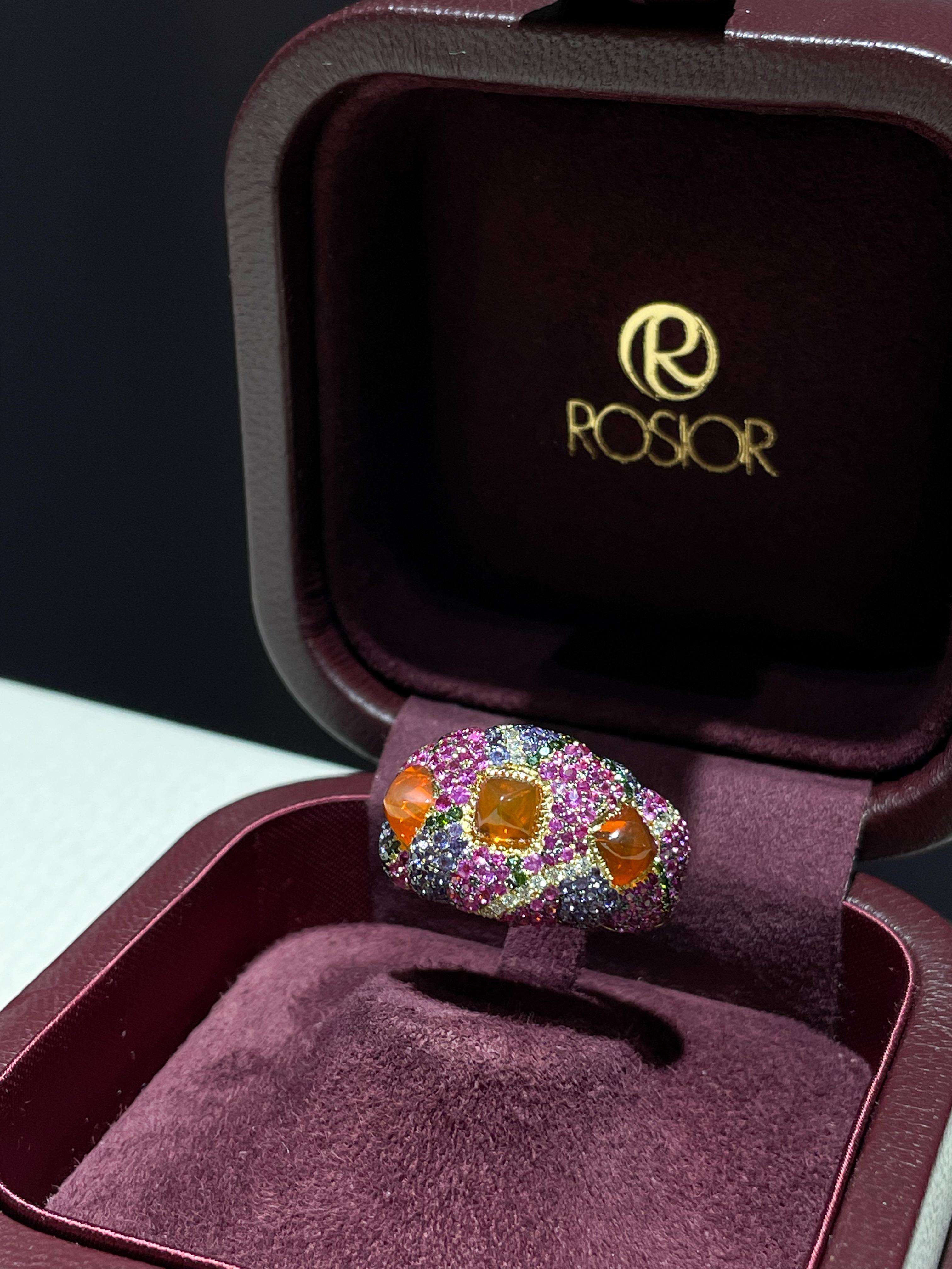 Women's or Men's Rosior Contemporary Fire Opal, Diamond and Sapphire Cocktail Ring in Yellow Gold
