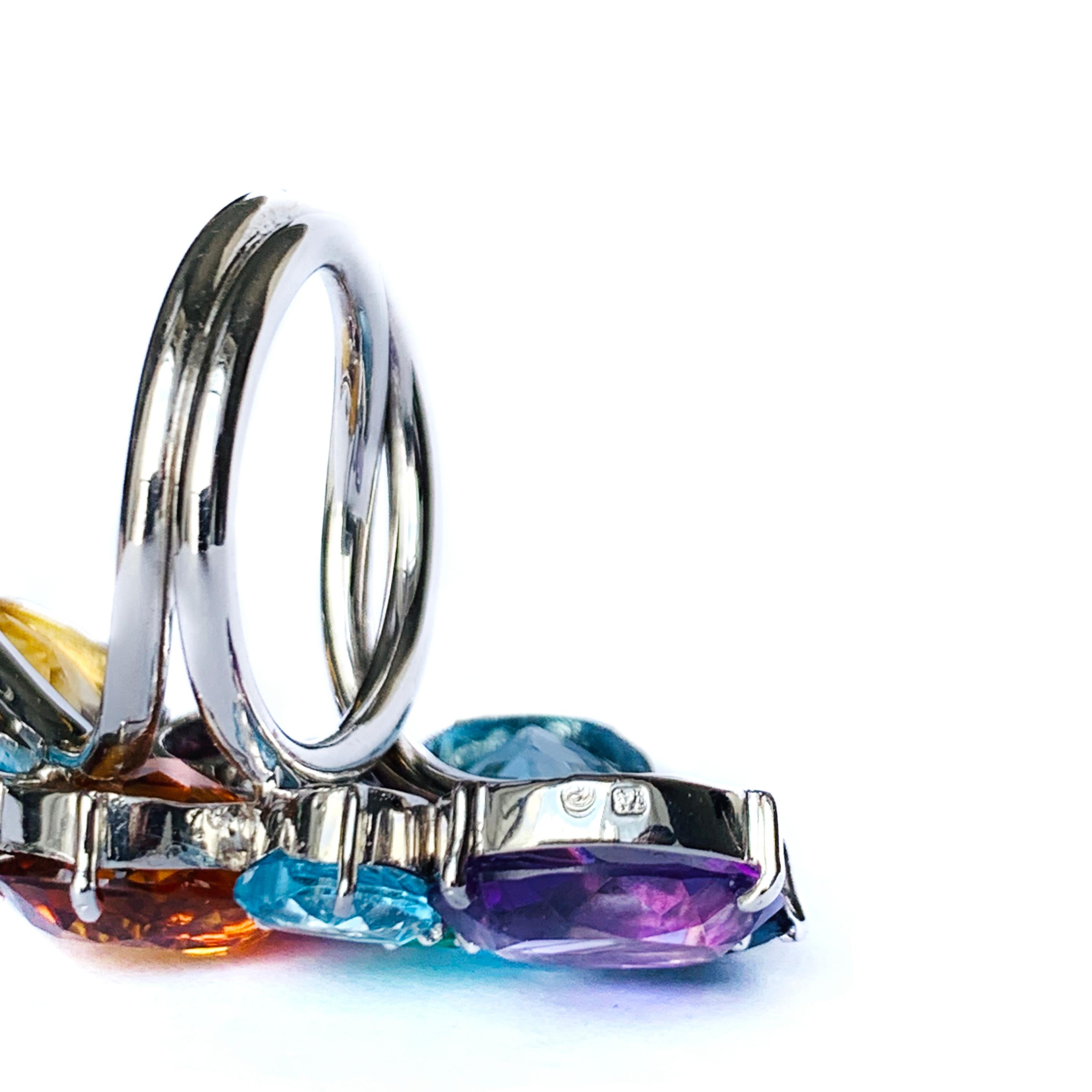 Women's or Men's 19.2 Karat White Gold Multi Color Gemstone Contemporary Cocktail Ring