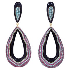 Rosior Contemporary Onyx, Diamond and Ruby Drop Earrings Set in Yellow Gold