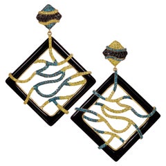 Rosior Contemporary Onyx and Diamond Dangle Earrings Set in Yellow Gold