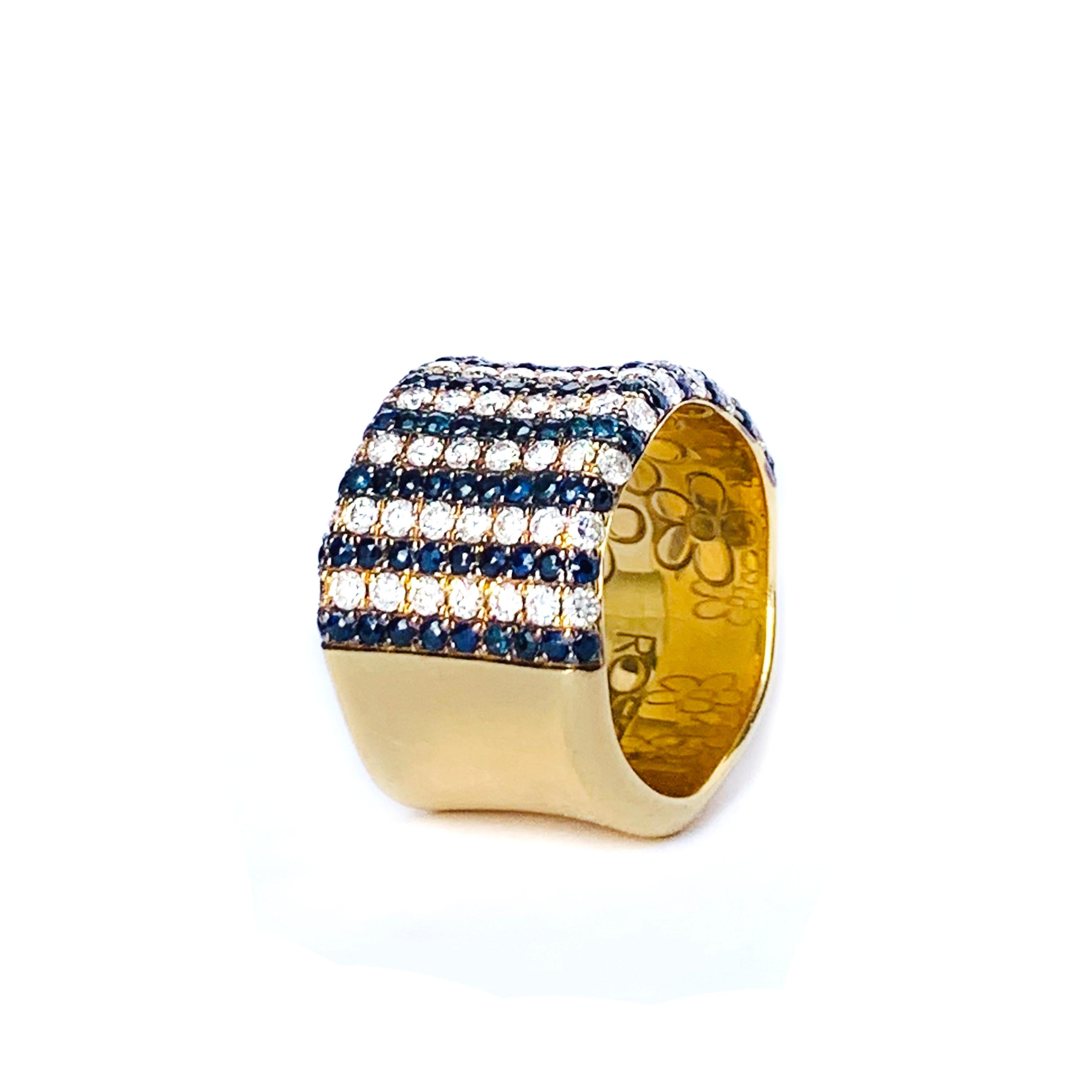 Contemporary Round Cut Diamond and Sapphire Ring in 19.2 Karat Yellow Gold 1