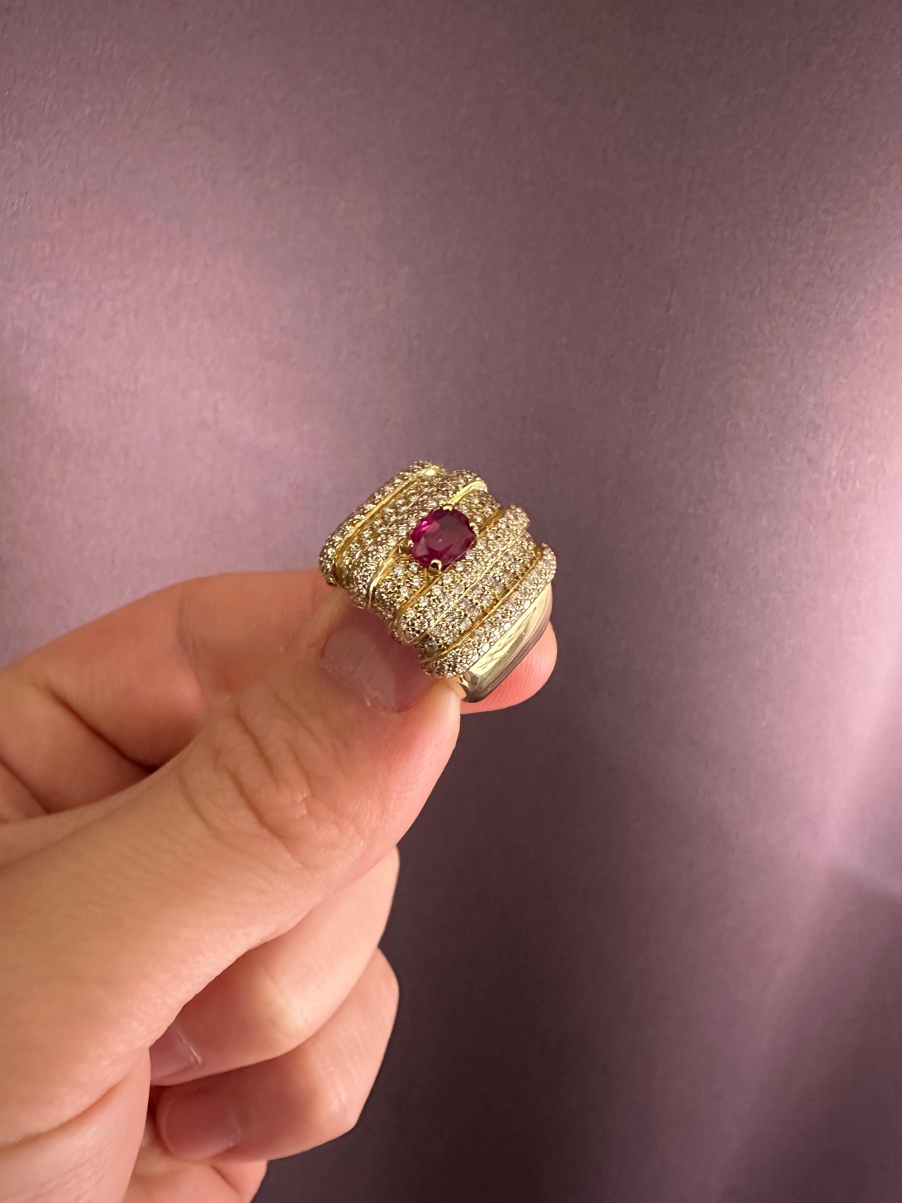 Mixed Cut Ruby and Diamond Cocktail Ring set in Yellow Gold For Sale