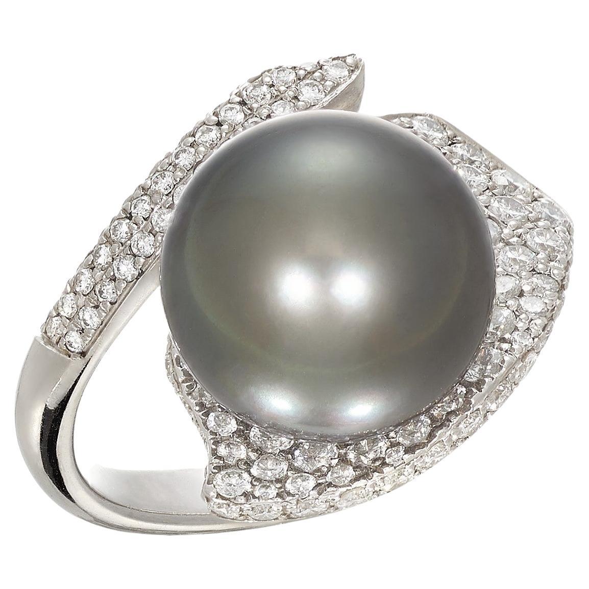 Contemporary "Tahitian" Pearl and Diamond Cocktail Ring Set in Platinum For Sale