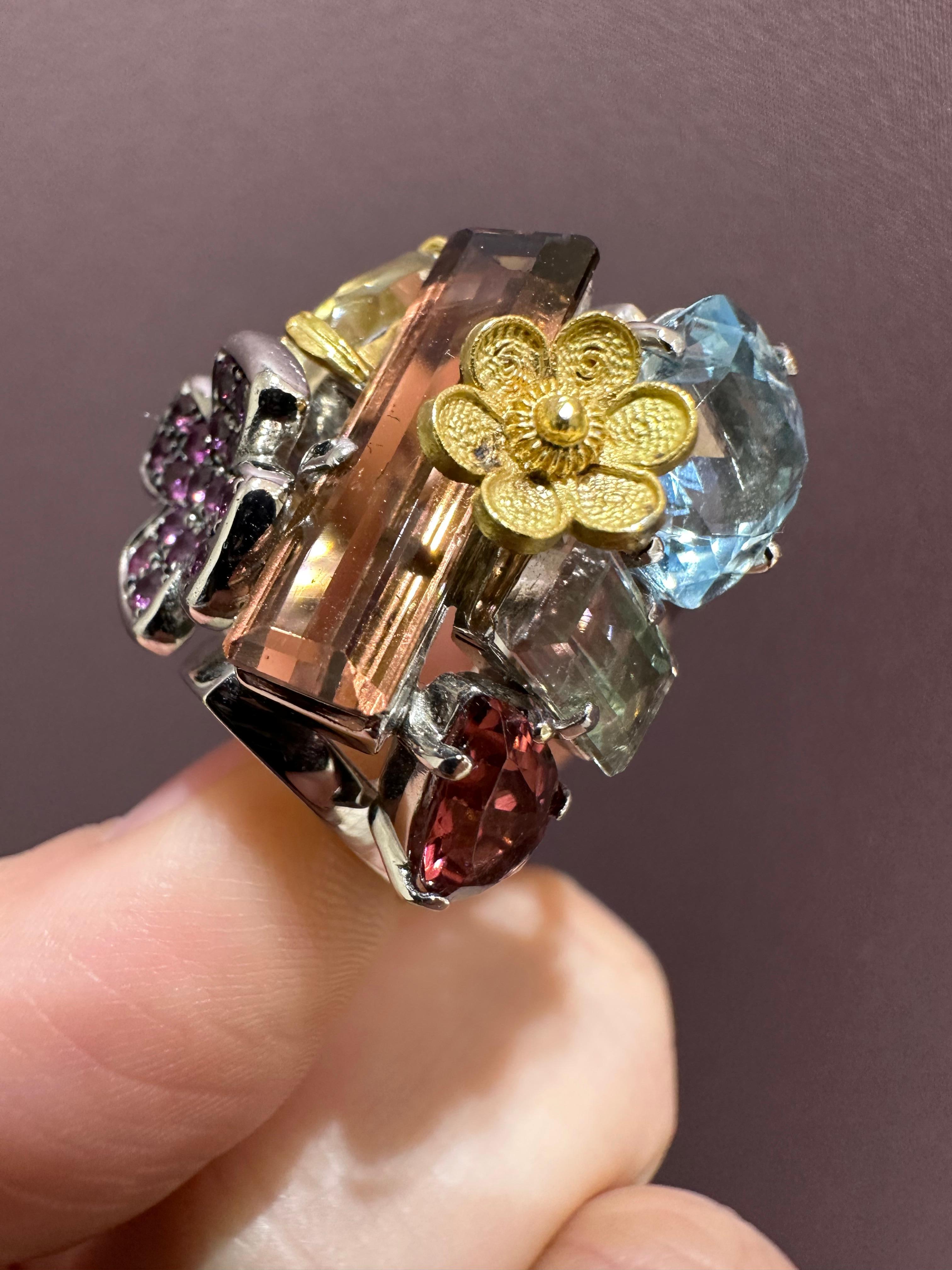 Contemporary Tourmaline Cocktail Ring Set in White and Yellow Gold 4