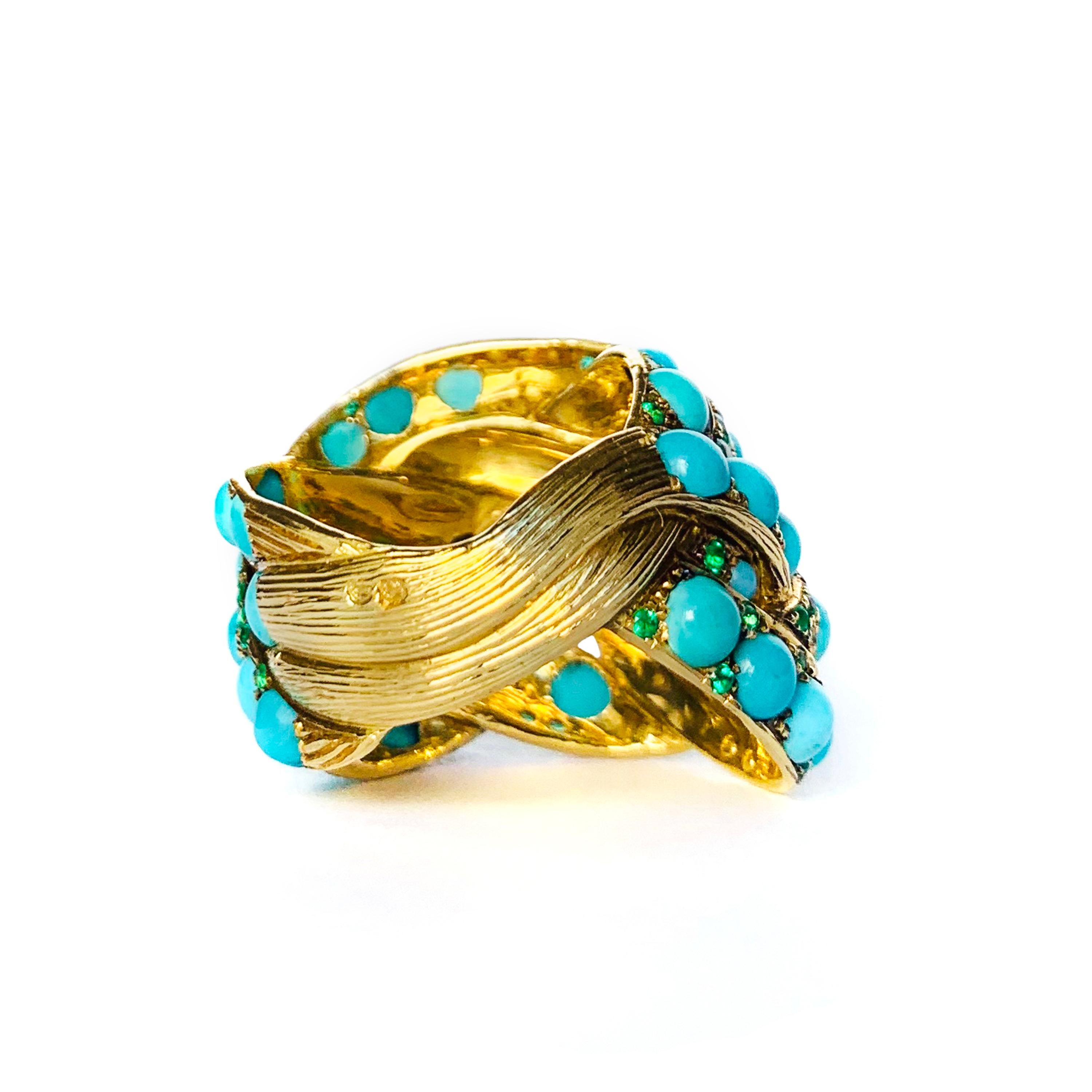 Contemporary Rosior one-off Turquoise and Emerald Cocktail Ring set in Yellow Gold