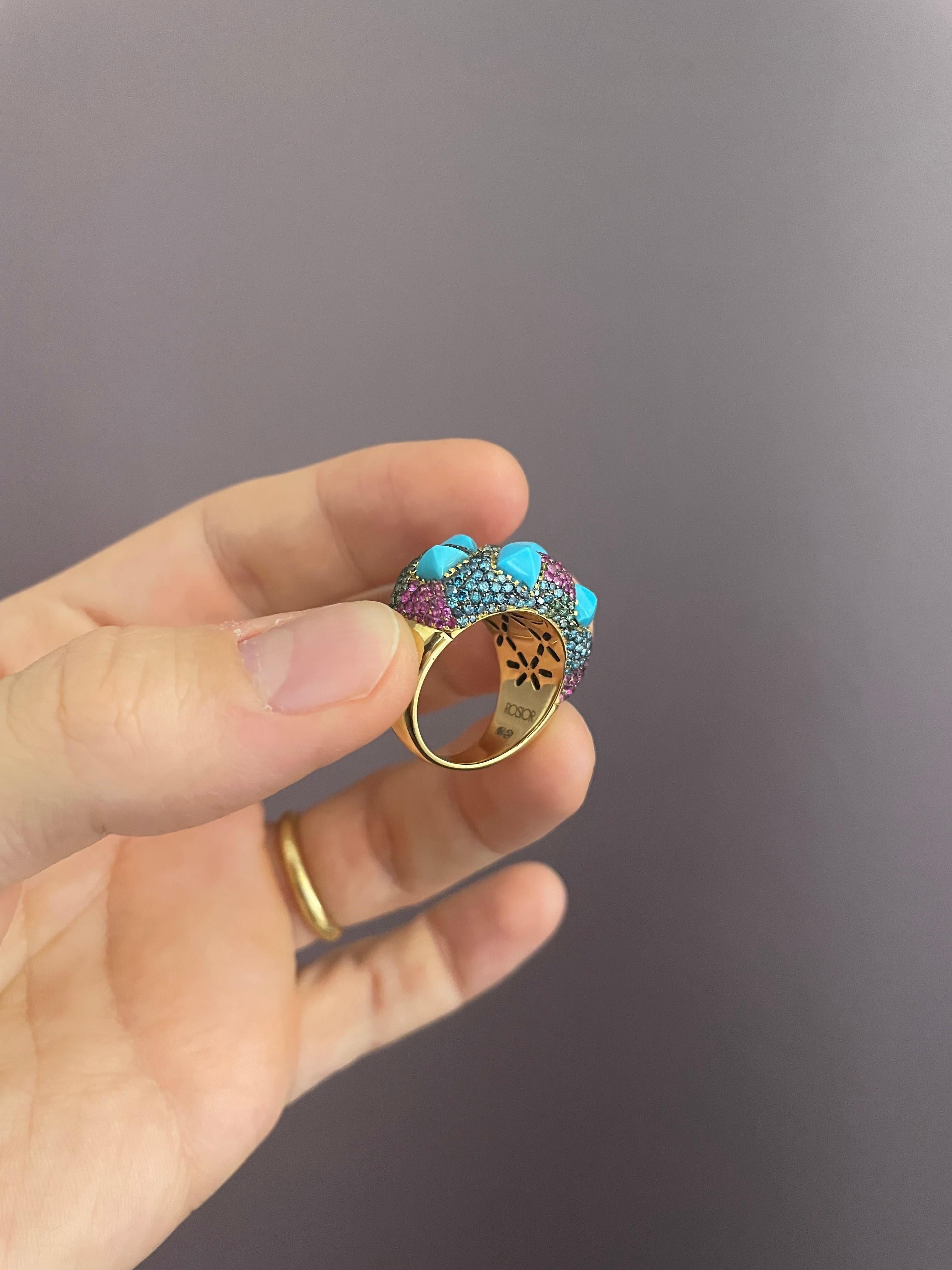 Contemporary Rosior one-off Cocktail Ring set with Turquoises, Diamonds and Sapphires