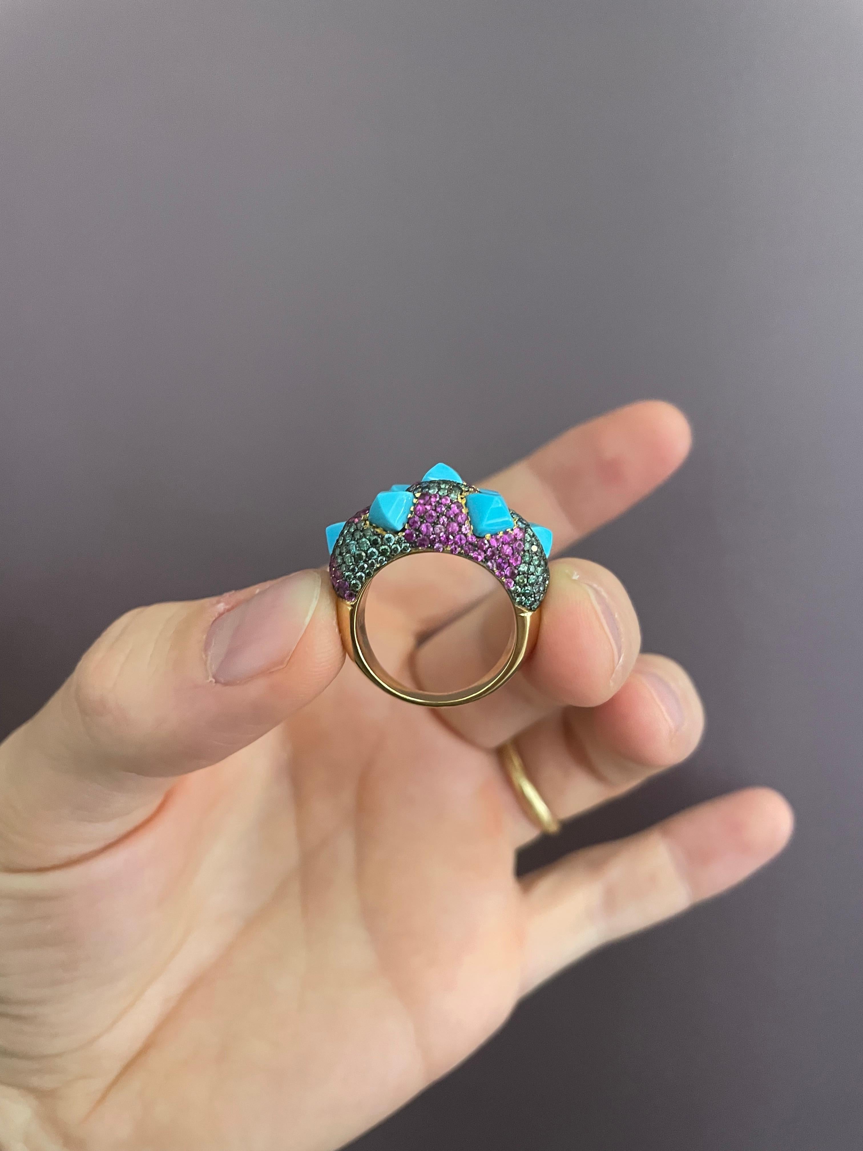 Women's or Men's Rosior one-off Cocktail Ring set with Turquoises, Diamonds and Sapphires