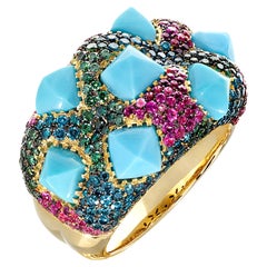 Rosior one-off Cocktail Ring set with Turquoises, Diamonds and Sapphires
