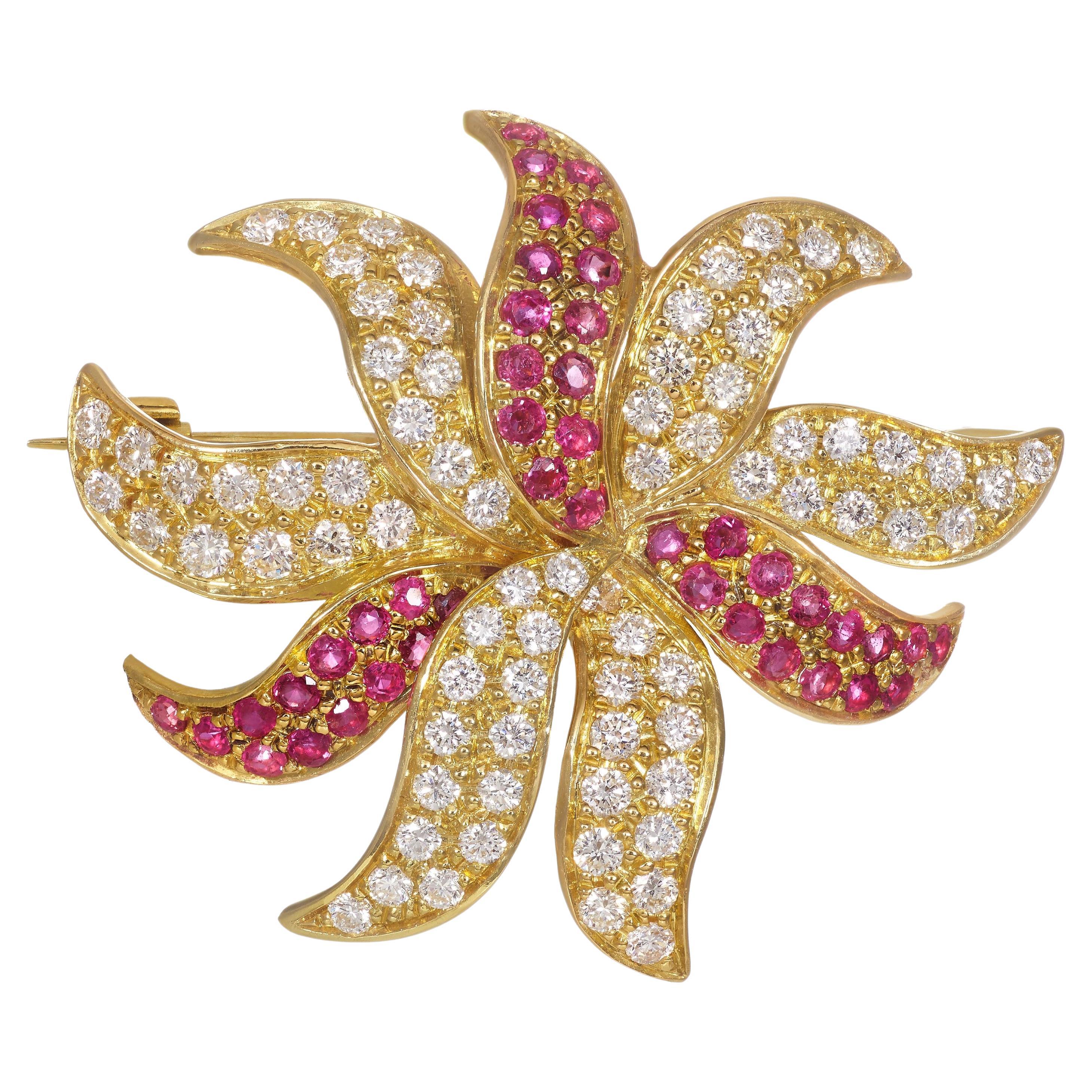 Diamond and Ruby "Flower" Brooch Set in Yellow Gold