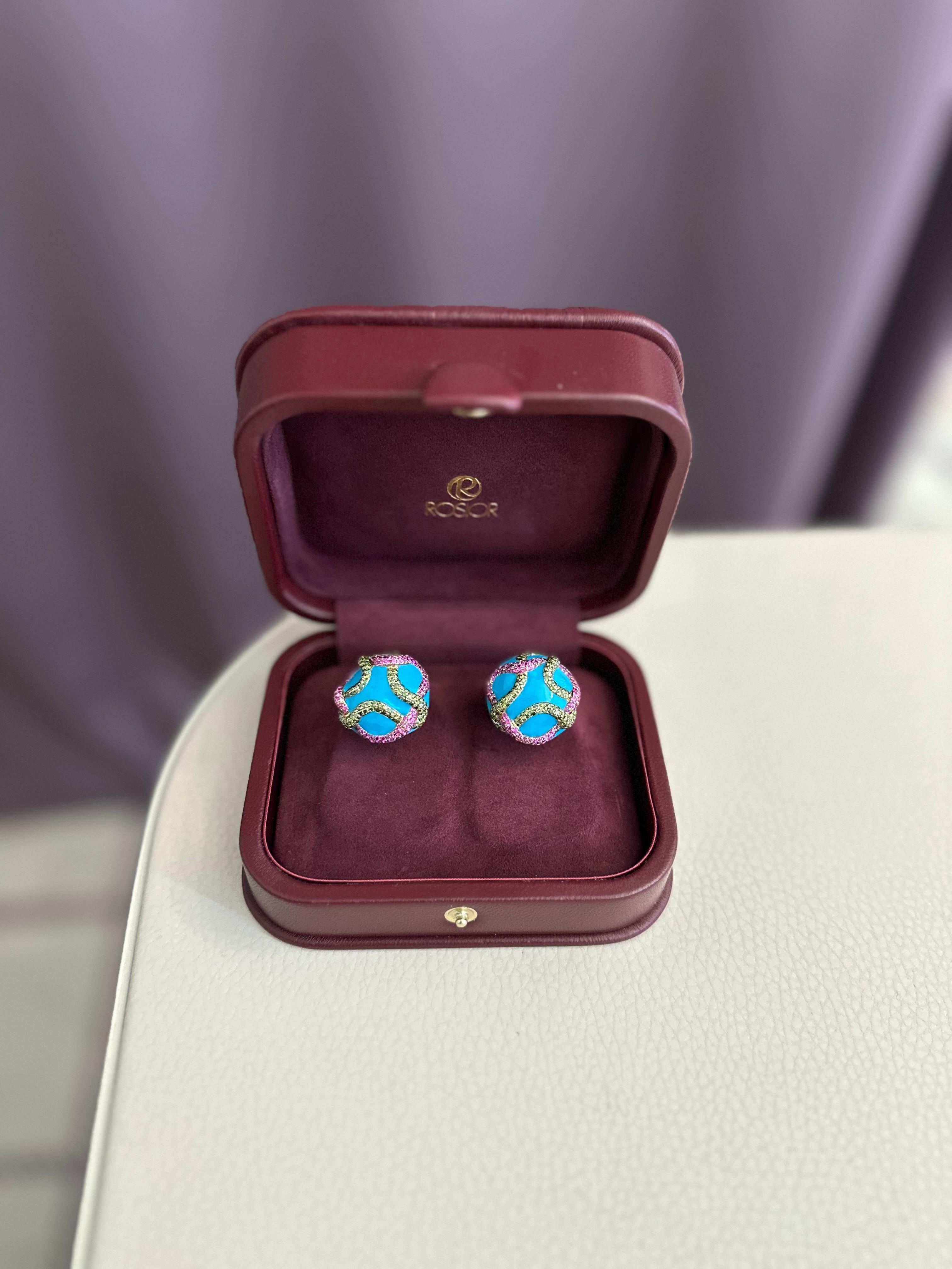 Brilliant Cut Rosior Diamond and Sapphire Earrings set in Yellow Gold and Ceramic For Sale