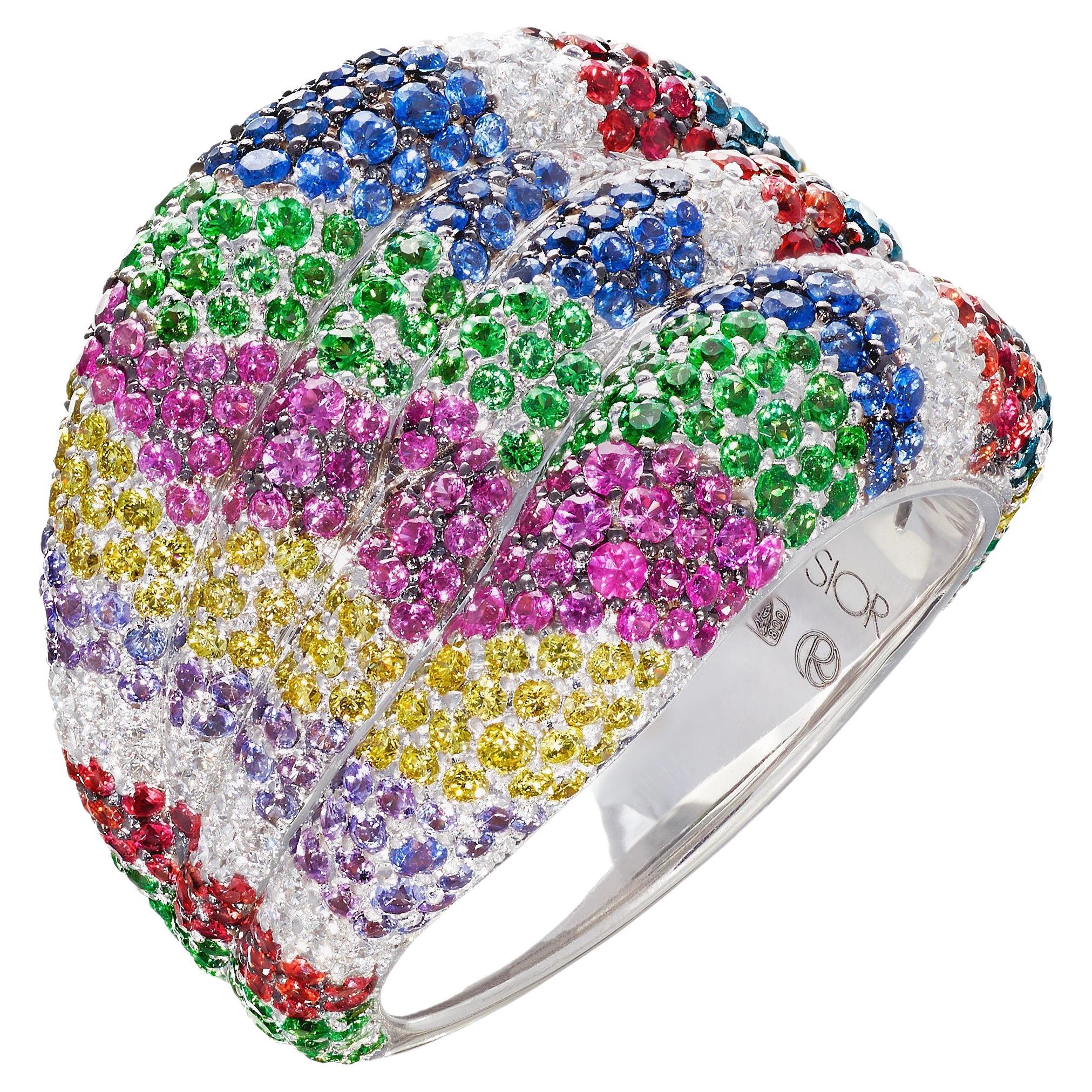 Rosior one-off Diamond, Emerald and Sapphire White Gold Cocktail Ring