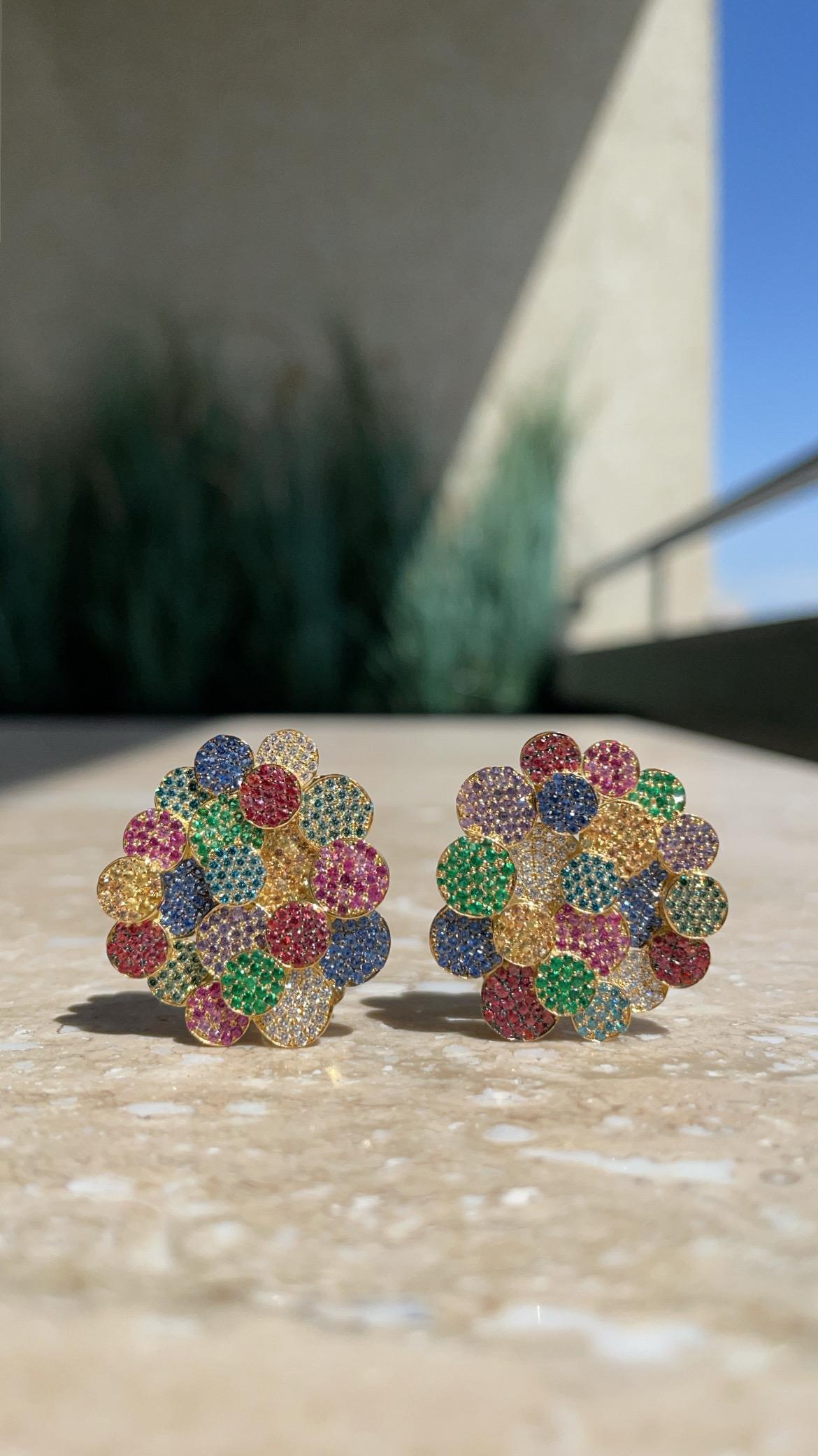 Round Cut Rosior Diamond, Emerald and Sapphire Yellow Gold Contemporary Earrings