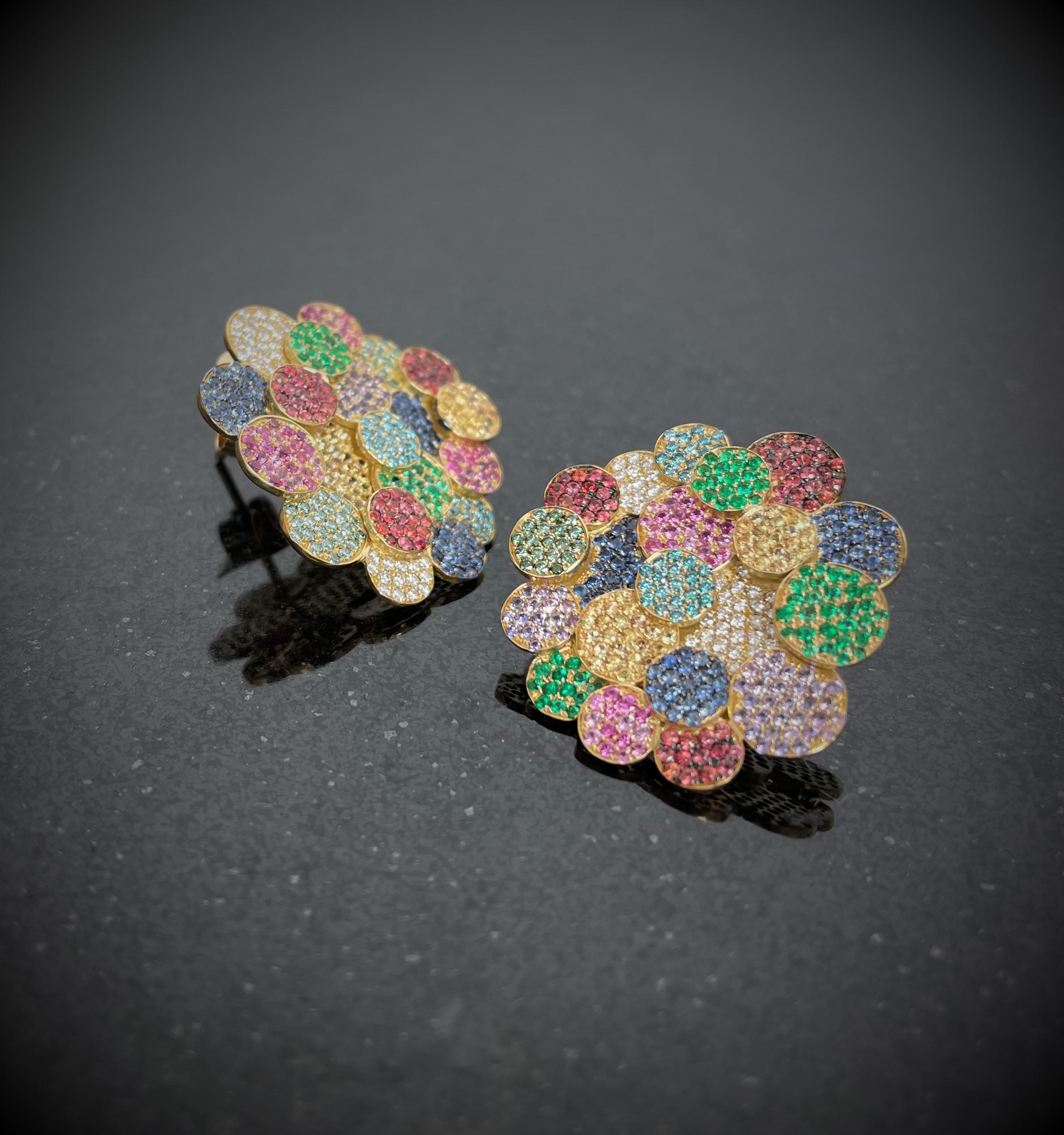 Rosior Diamond, Emerald and Sapphire Yellow Gold Contemporary Earrings 2