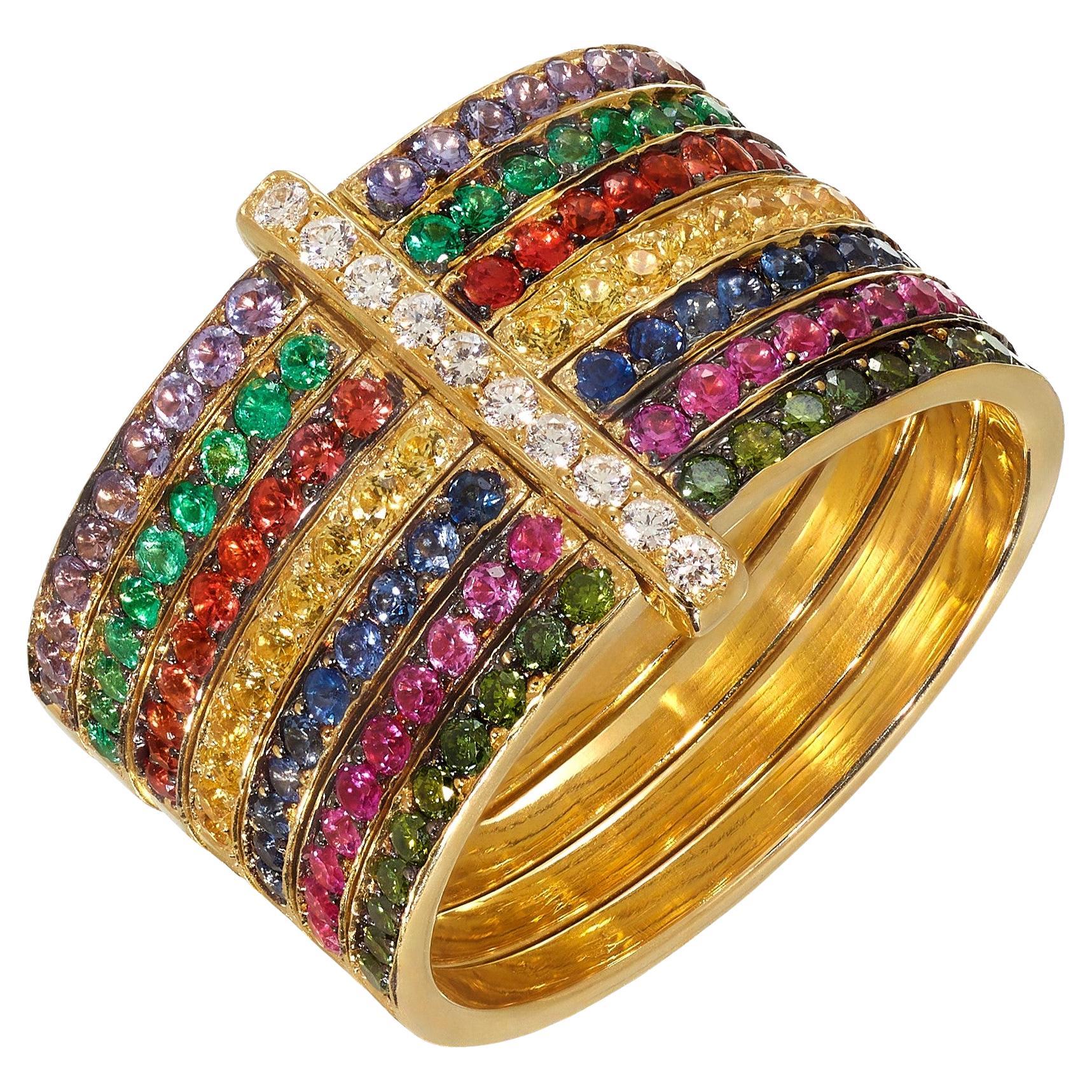 Rosior Anillo de Cóctel "7 Anillos" de Oro Amarillo con Diamantes, Zafiros y Esmeraldas