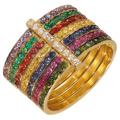 Rosior Anillo de Cóctel "7 Anillos" de Oro Amarillo con Diamantes, Zafiros y Esmeraldas