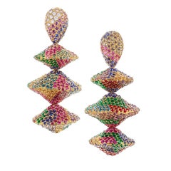 Rosior one-off Diamond, Sapphire and Emerald Dangle Earrings set in Yellow Gold