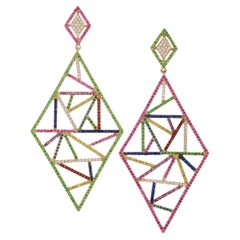 Boucles d'oreilles pendantes Rosior en or jaune avec diamant, saphir et tsavorite 