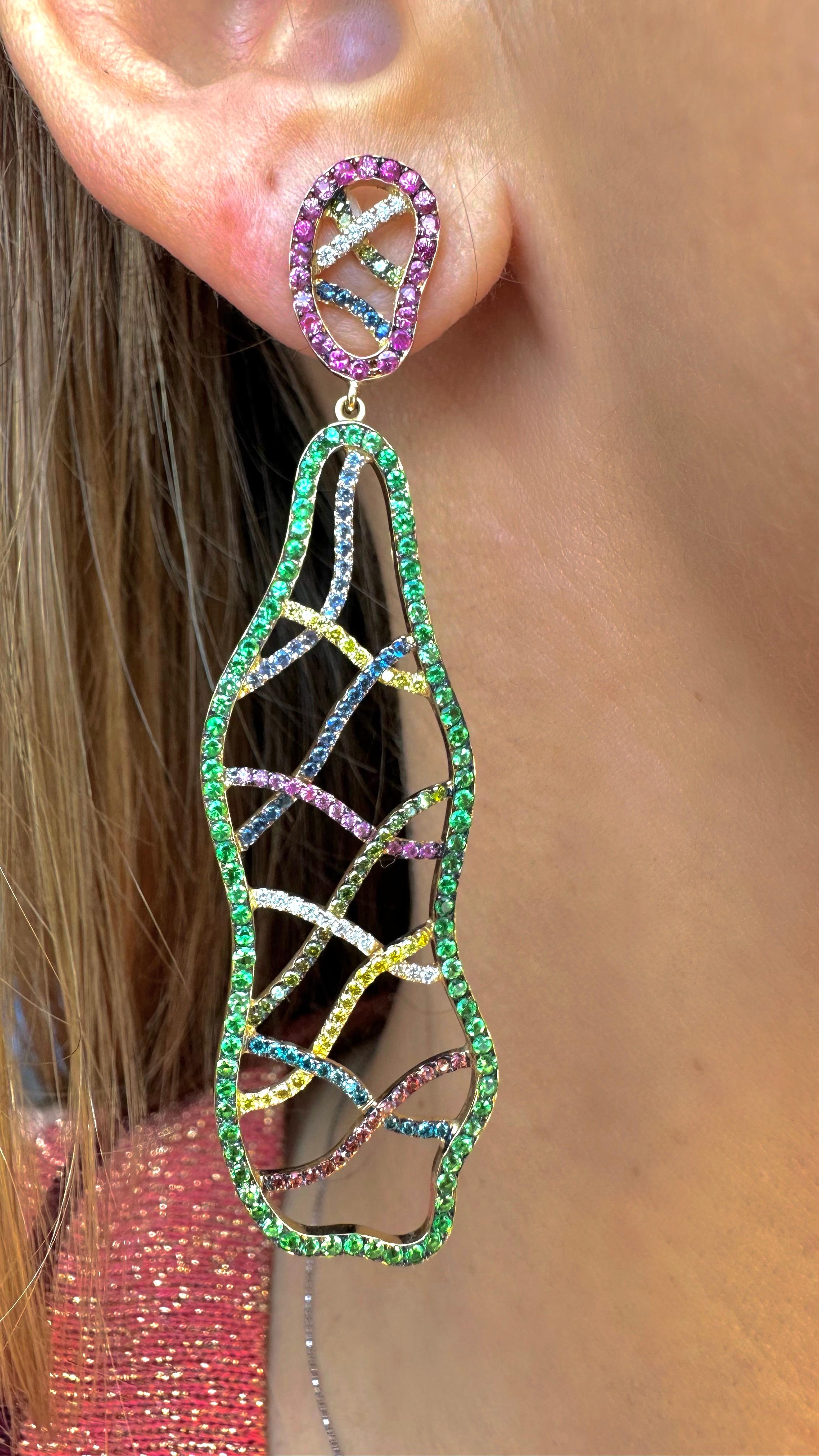 Brilliant Cut Rosior Diamond, Sapphire and Tsavorite Long Dangle Earrings set in Yellow Gold For Sale