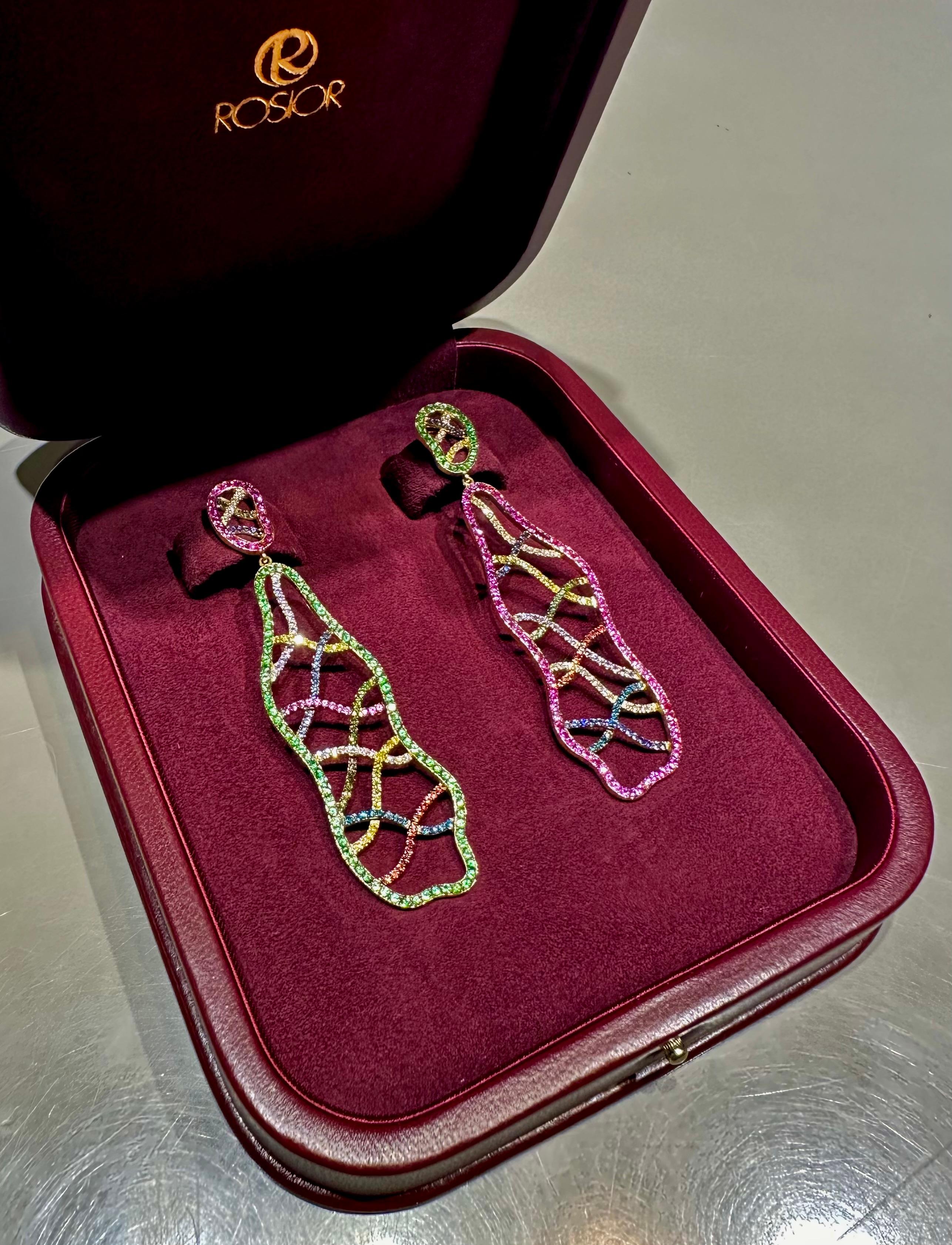 Brilliant Cut Rosior Diamond, Sapphire and Tsavorite Long Dangle Earrings set in Yellow Gold
