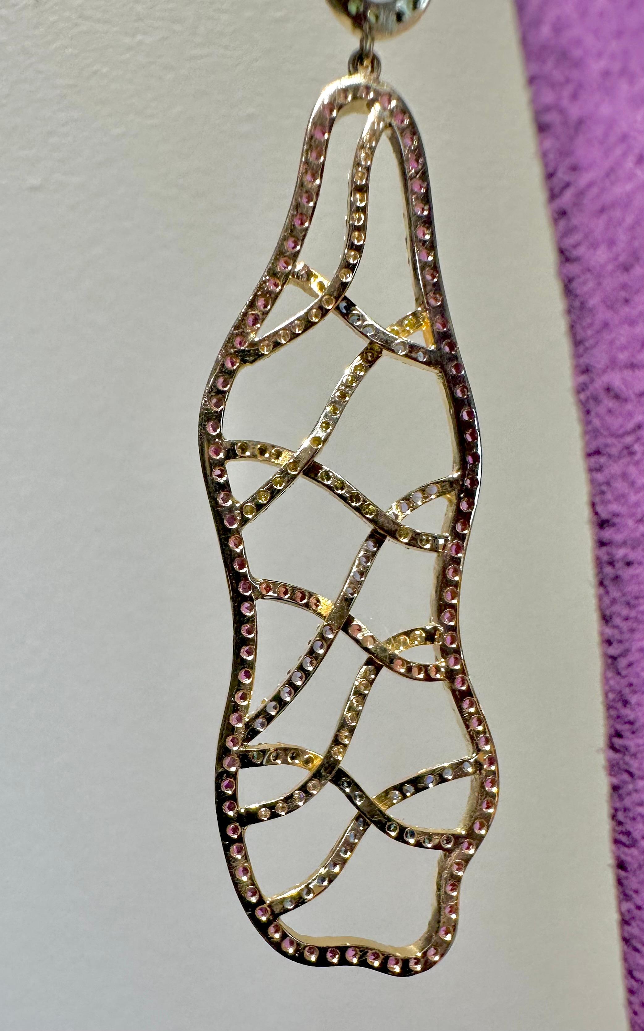Women's or Men's Rosior Diamond, Sapphire and Tsavorite Long Dangle Earrings set in Yellow Gold For Sale