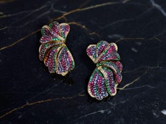 Rosior Diamond, Sapphire, Ruby and Emerald Drop Earrings Set in Yellow Gold