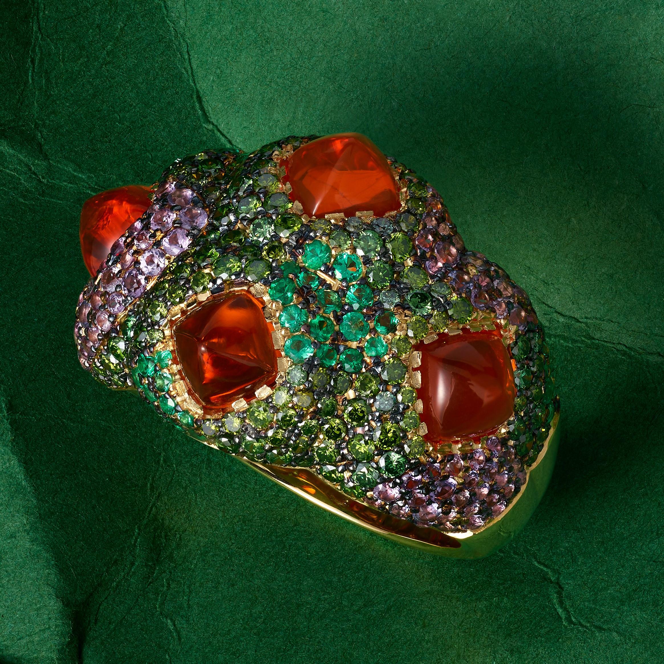 Contemporary Rosior Fire Opal, Diamond, Emerald and Sapphire Cocktail Ring set in Yellow Gold