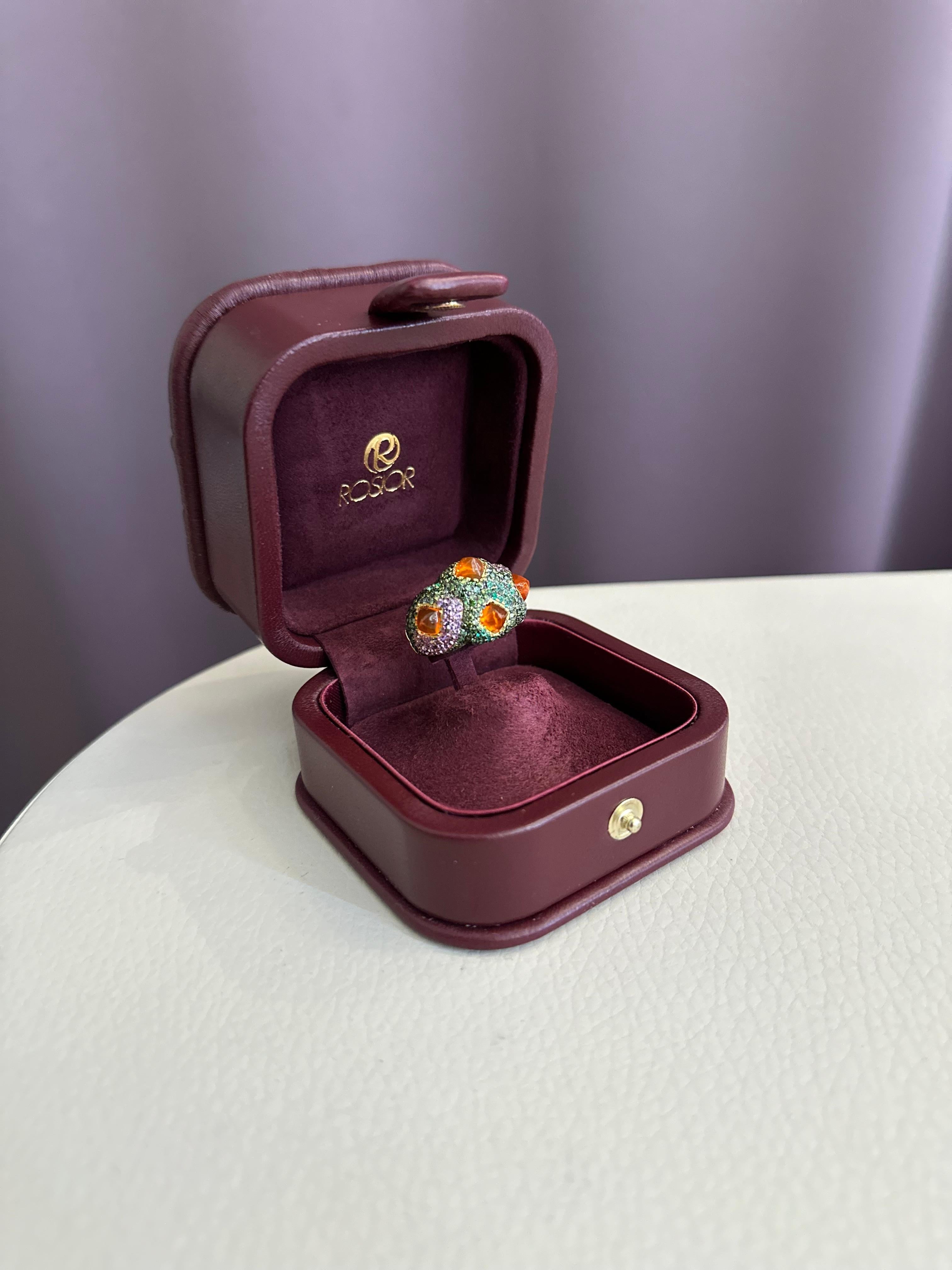 Mixed Cut Rosior Fire Opal, Diamond, Emerald and Sapphire Cocktail Ring set in Yellow Gold